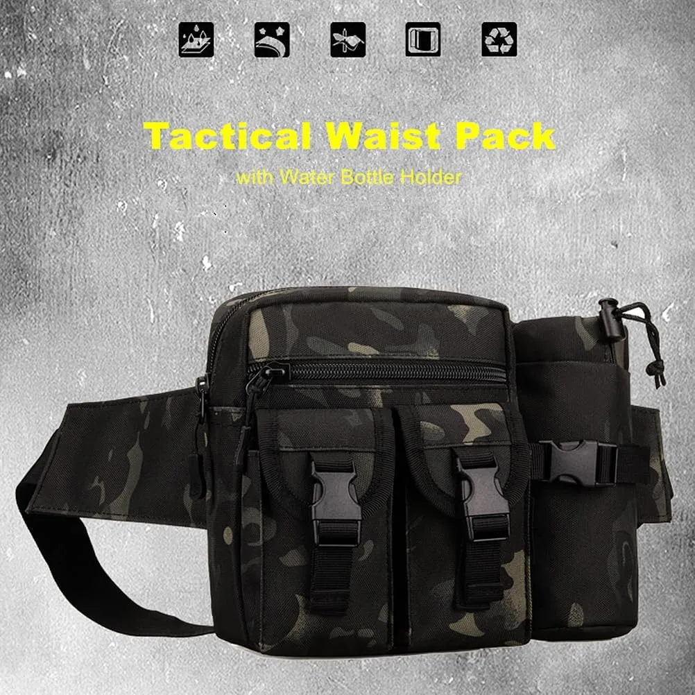 UNISTRENGH Tactical Fanny Packs Pouch With Water Bottle Pocket Holder Waterproof Molle Waist Pack Hip Belt Bag (Black camouflage)