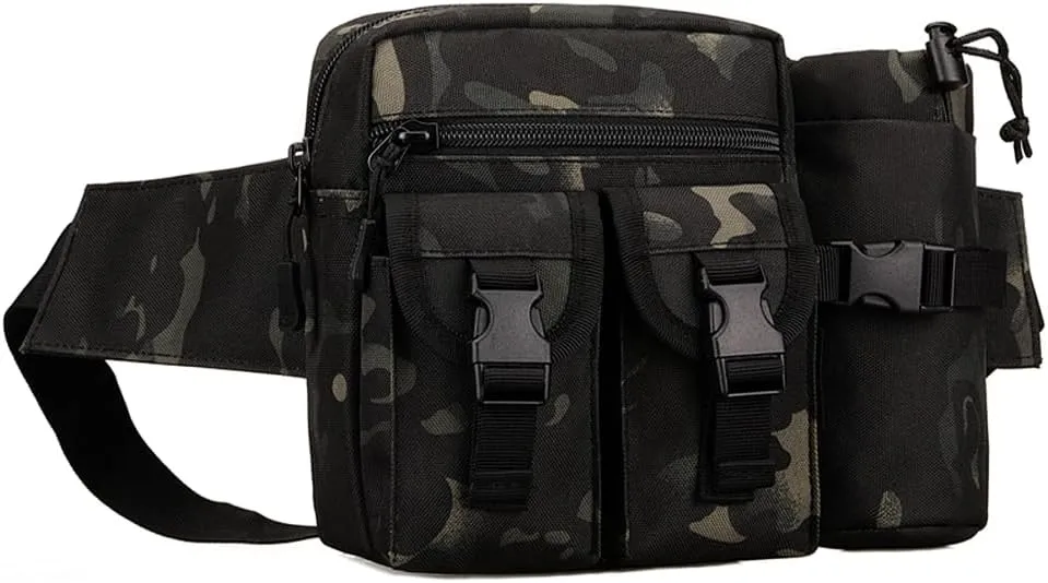 UNISTRENGH Tactical Fanny Packs Pouch With Water Bottle Pocket Holder Waterproof Molle Waist Pack Hip Belt Bag (Black camouflage)