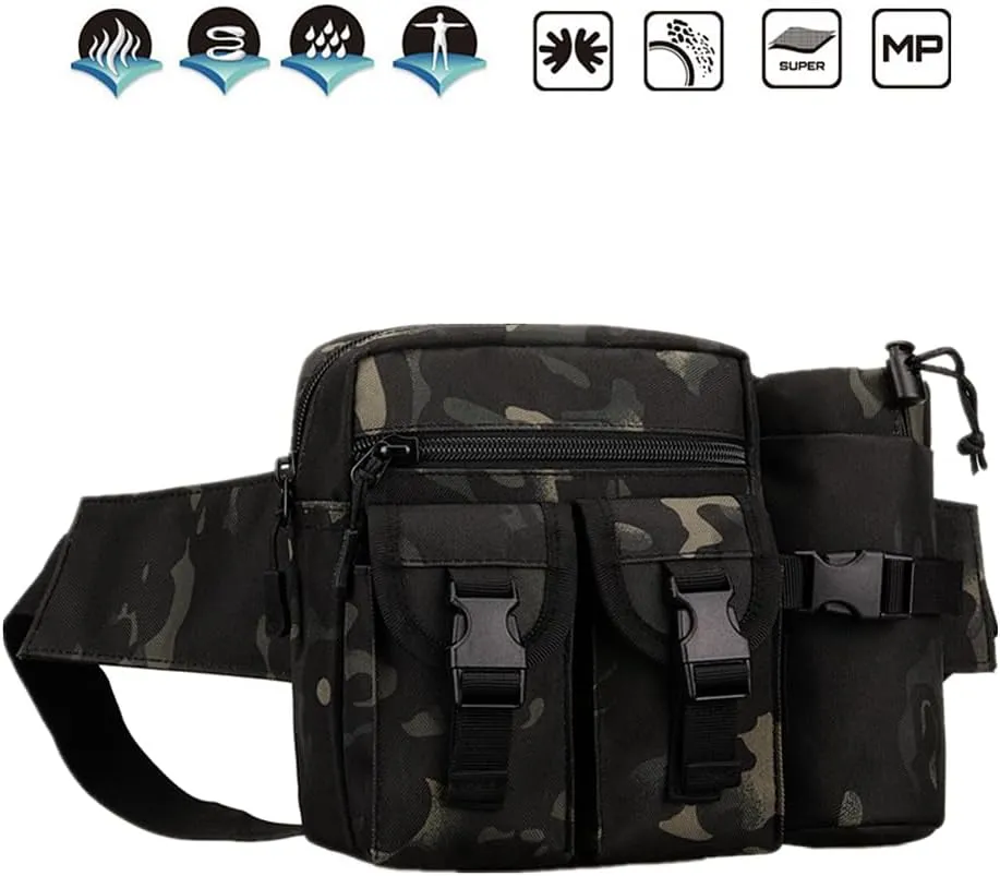UNISTRENGH Tactical Fanny Packs Pouch With Water Bottle Pocket Holder Waterproof Molle Waist Pack Hip Belt Bag (Black camouflage)
