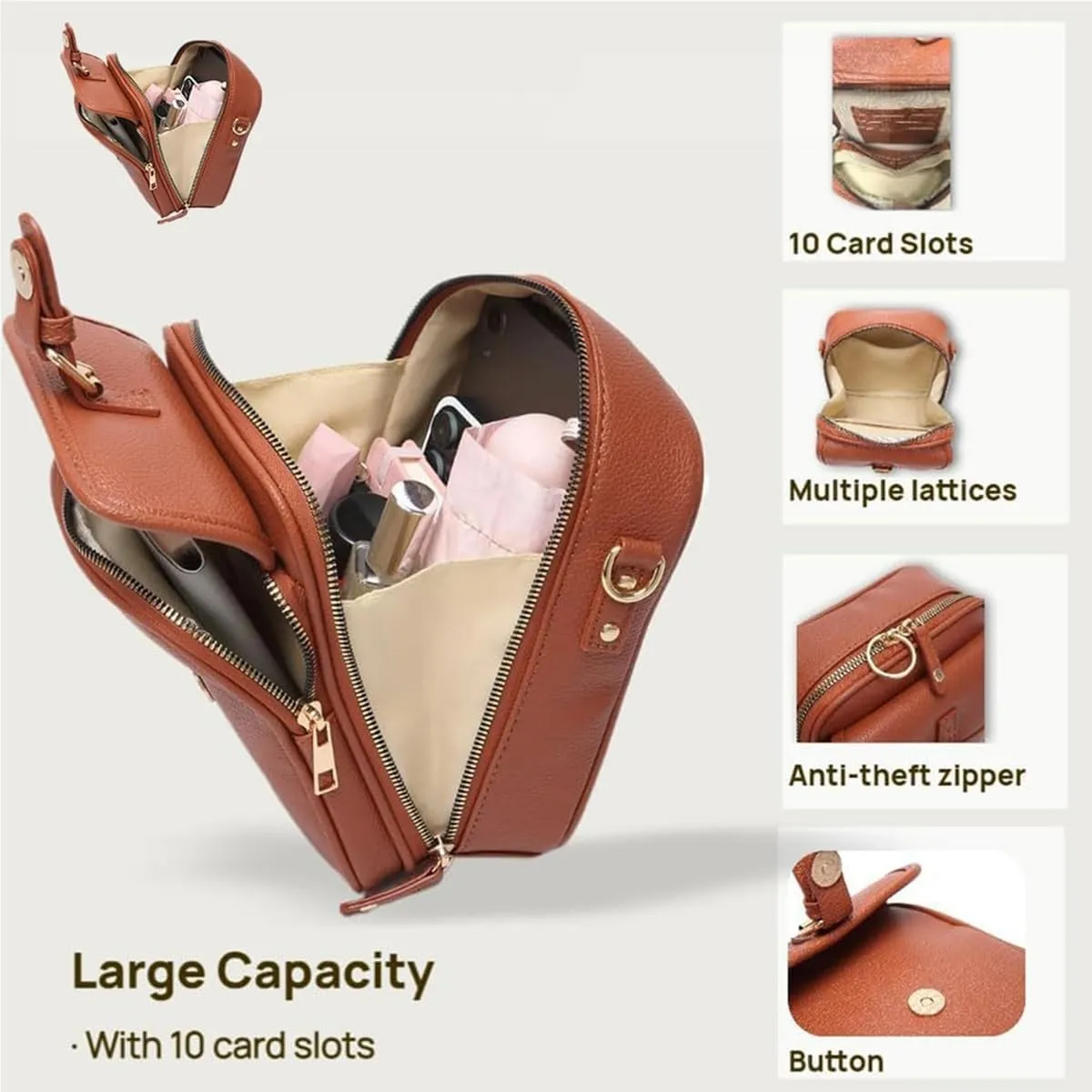 Urvashi Crossbody Leather Bag, Retro Double-Layer Large Capacity Mini Crossbody Bags， Minimalist Versatile Casual Bag