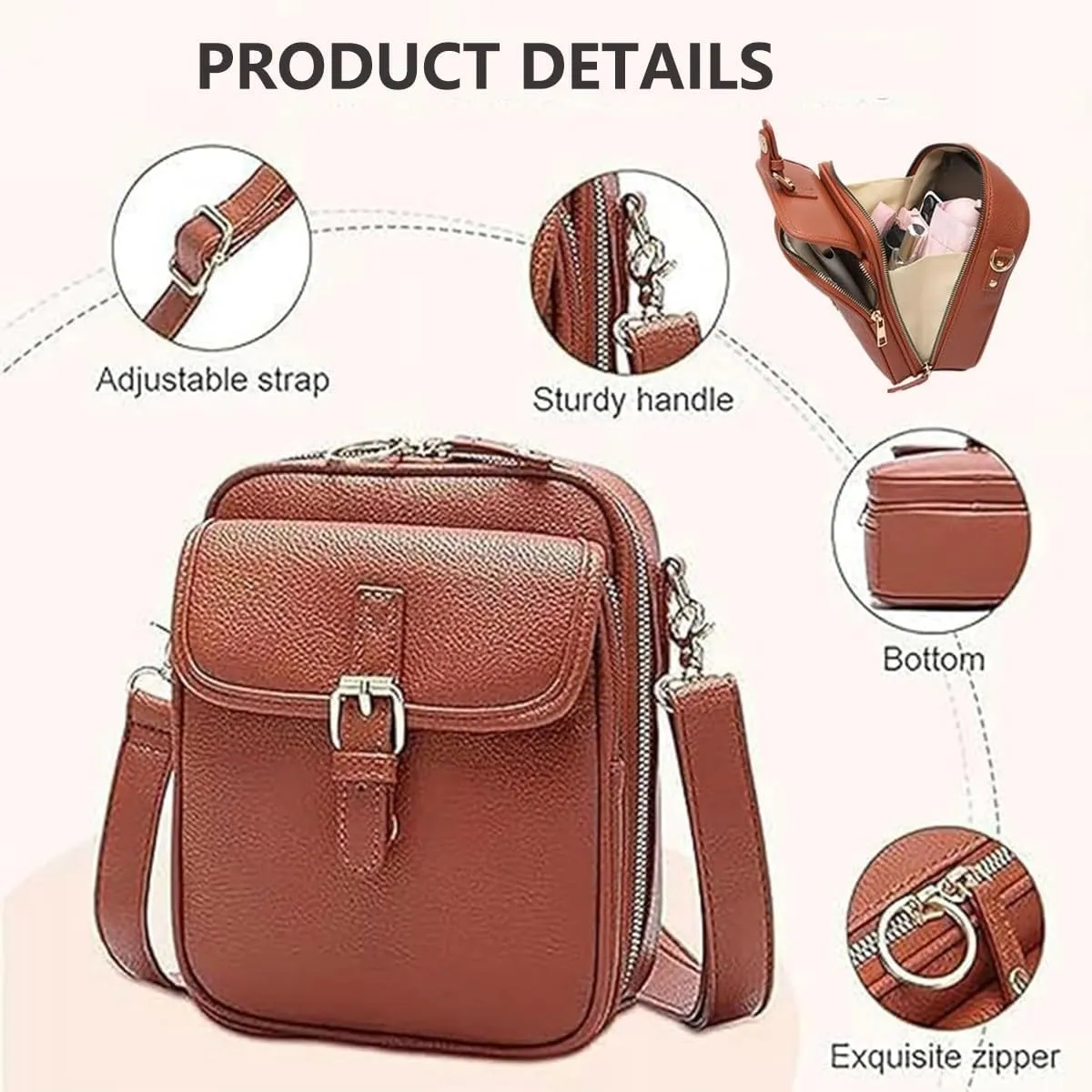 Urvashi Crossbody Leather Bag, Retro Double-Layer Large Capacity Mini Crossbody Bags， Minimalist Versatile Casual Bag