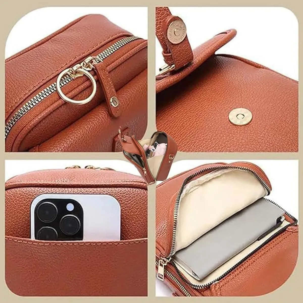 Urvashi Crossbody Leather Bag, Retro Double-Layer Large Capacity Mini Crossbody Bags， Minimalist Versatile Casual Bag