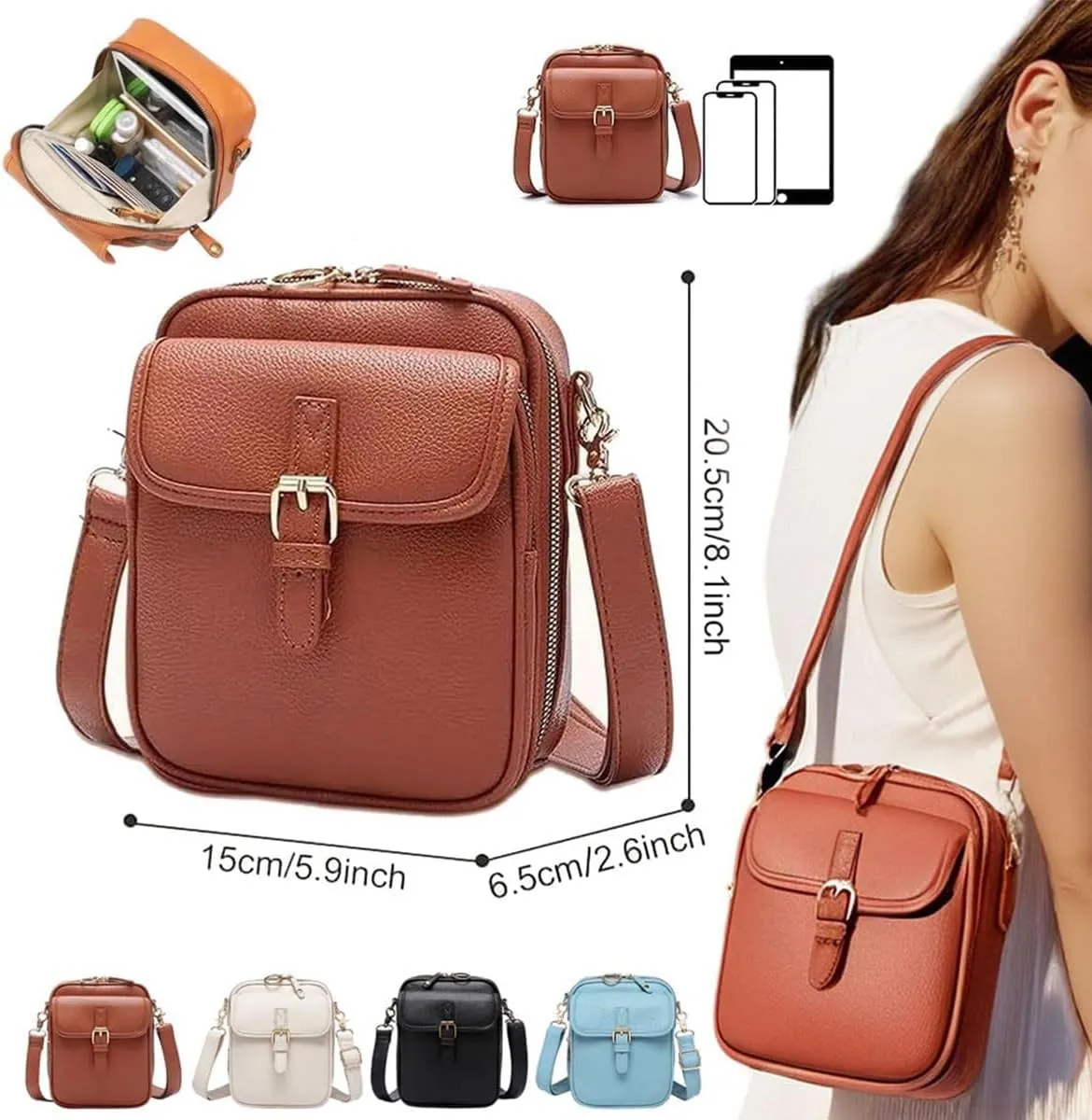 Urvashi Crossbody Leather Bag, Retro Double-Layer Large Capacity Mini Crossbody Bags， Minimalist Versatile Casual Bag