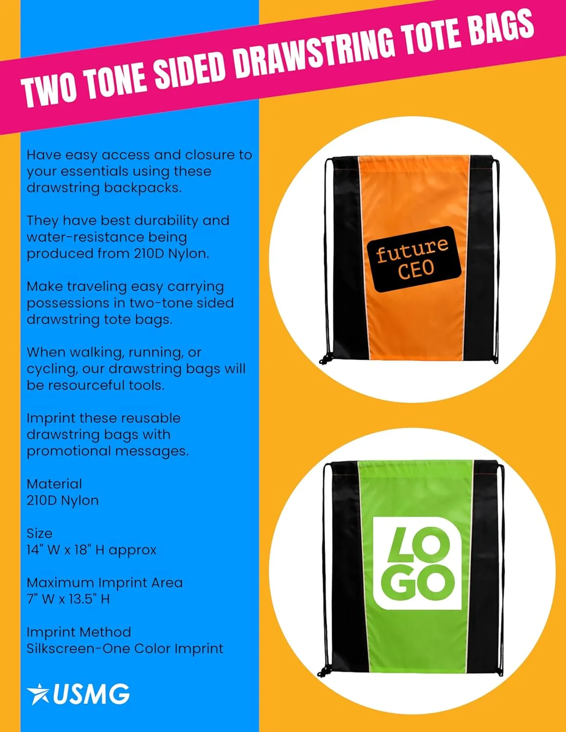 USMG Custom Two-Tone Drawstring Tote Bags - Single Color Imprint for Promotions, Gifts, & Events