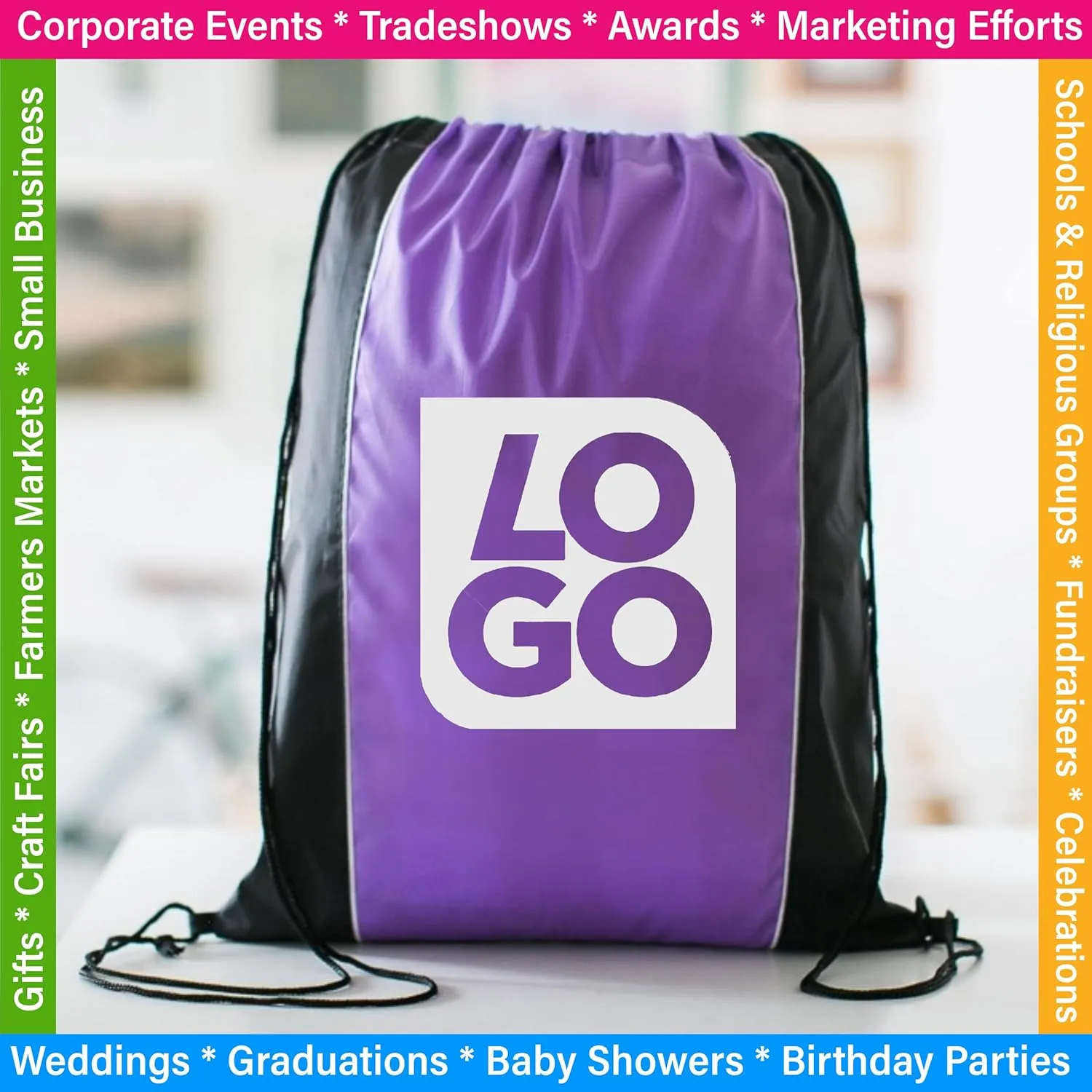 USMG Custom Two-Tone Drawstring Tote Bags - Single Color Imprint for Promotions, Gifts, & Events