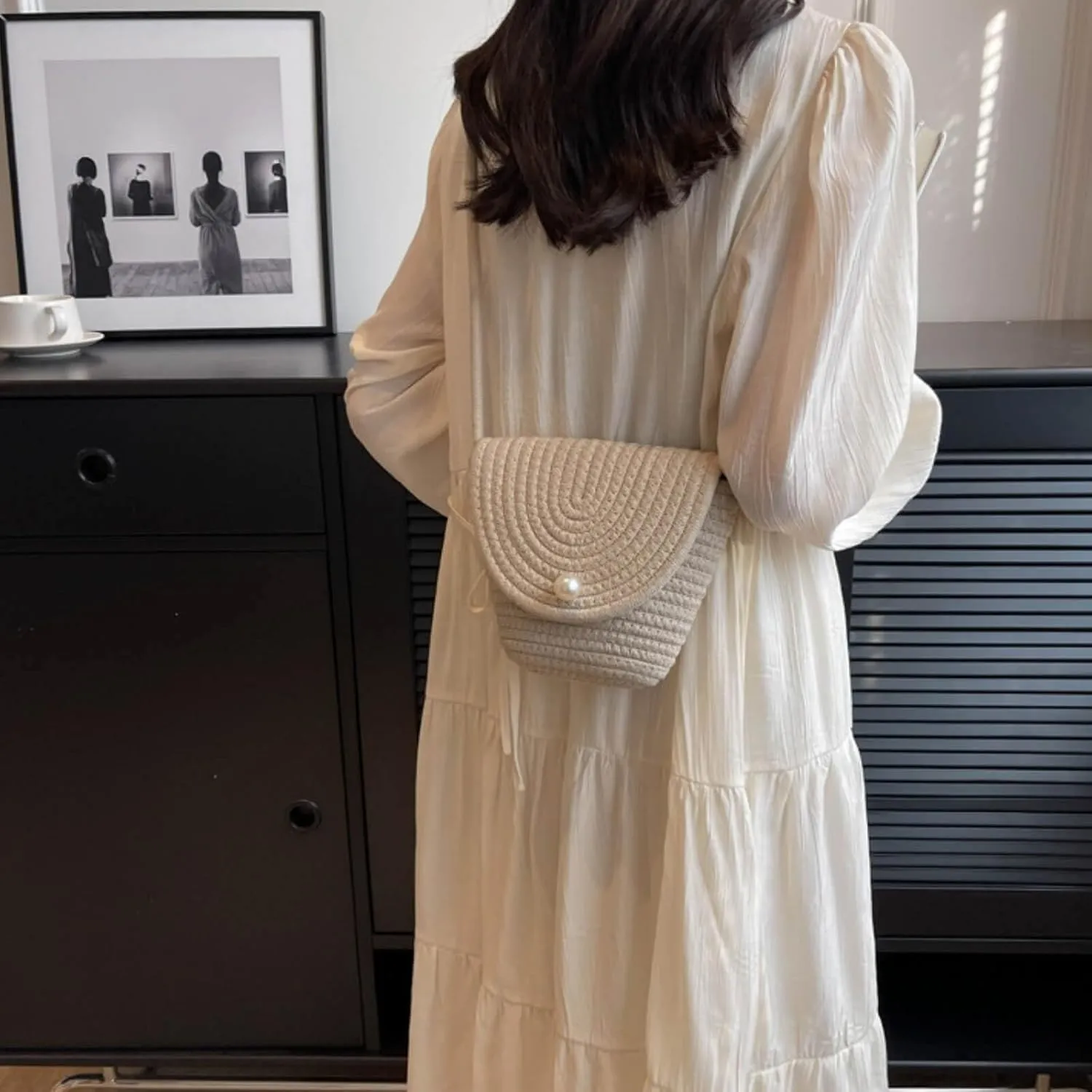 Usoway Raffia Crossbody Bags for Women, Woven Purses for 2024 Summer Straw Handbags with Pearls, Rattan Bucket Tote Bag