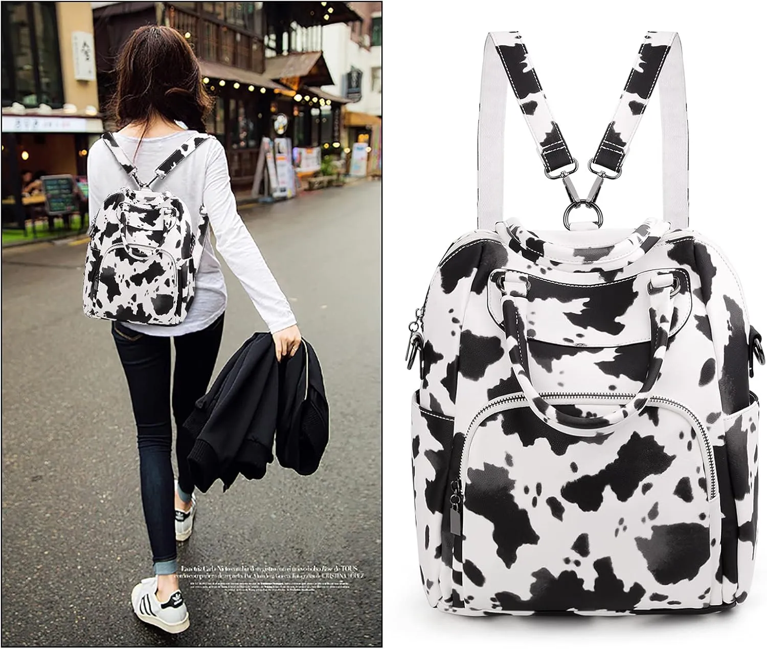 UTO Women Backpack Purse PU Washed Leather Convertible Ladies Rucksack Crossbody Shoulder Bag New Black