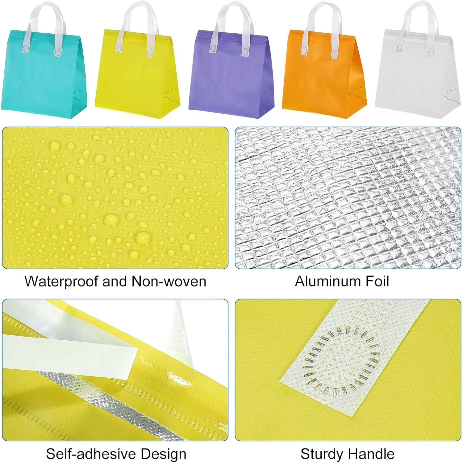 uxcell 50pcs Insulated Take Out Bags, 9.4" x 5.9" x 10.2" Insulated Take Away Bags Thermal Disposable Lunch Bags Disposable Cooler Bags for Hot Cold Food Catering Grocery Picnic Yellow