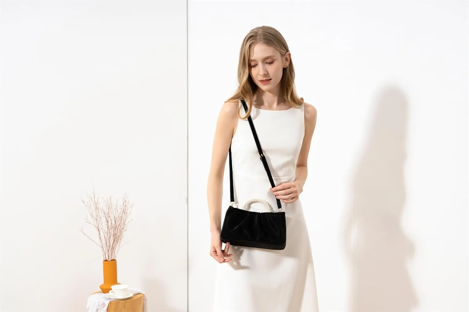 Valleycomfy Evening Clutch Pearl Purses for Women Ladies Soft Leather Ruched Crossbody Bags Shoulder Bag for Party Wedding