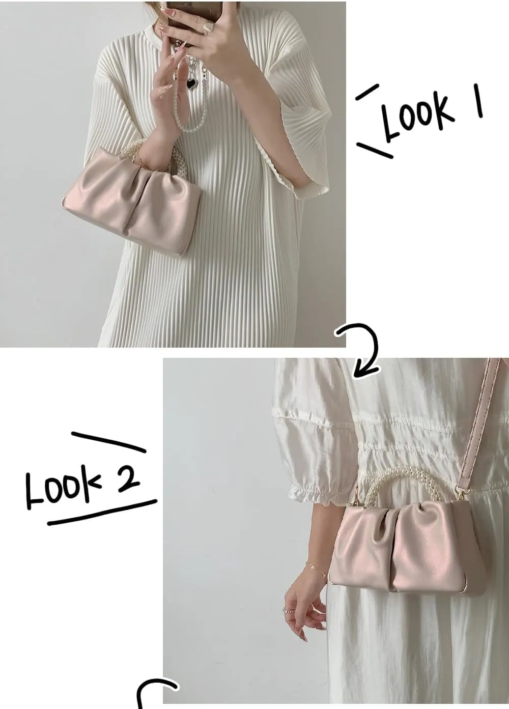 Valleycomfy Evening Clutch Pearl Purses for Women Ladies Soft Leather Ruched Crossbody Bags Shoulder Bag for Party Wedding