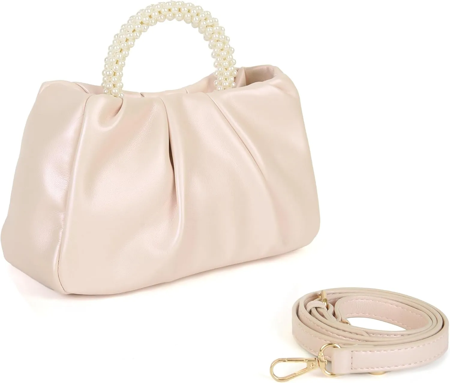 Valleycomfy Evening Clutch Pearl Purses for Women Ladies Soft Leather Ruched Crossbody Bags Shoulder Bag for Party Wedding