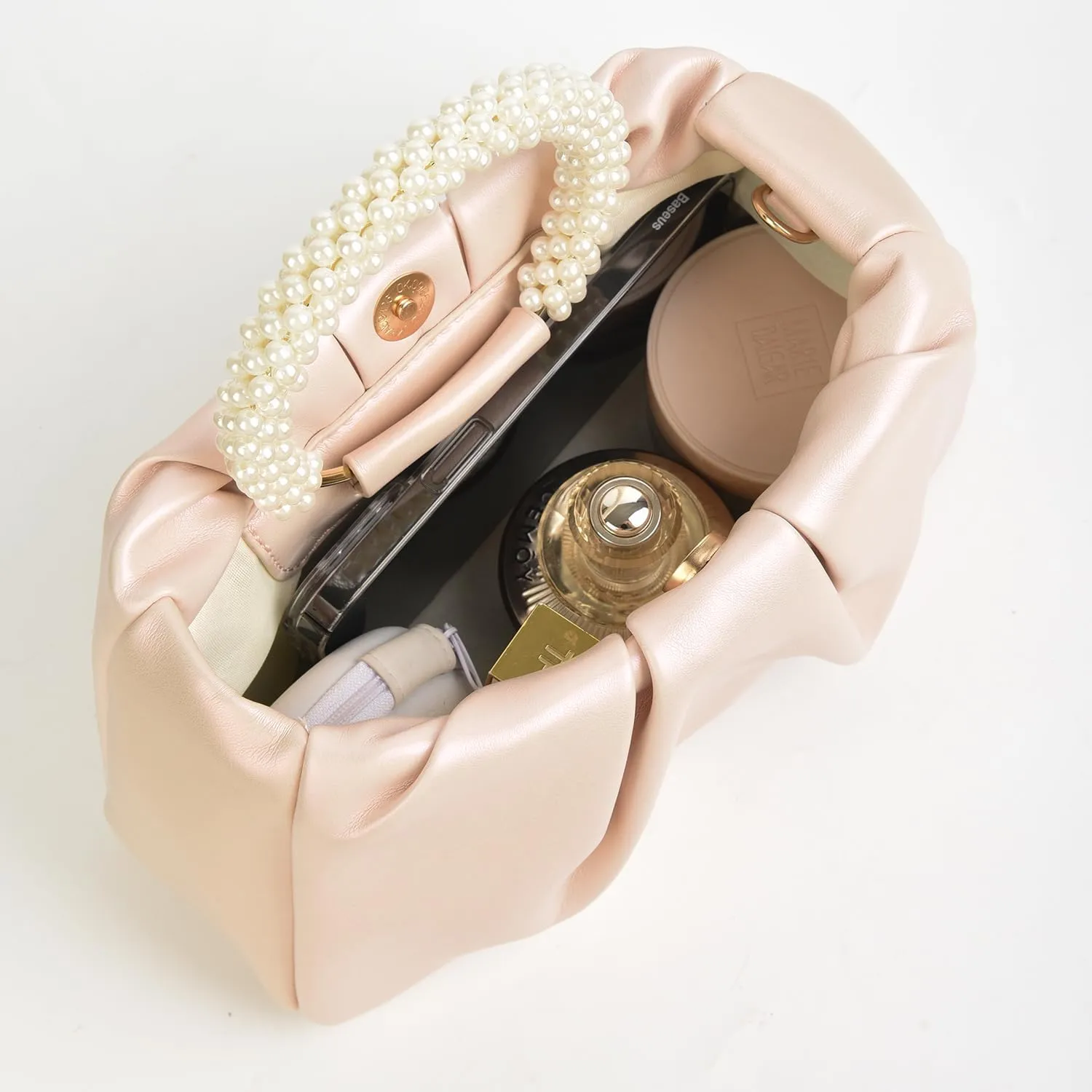 Valleycomfy Evening Clutch Pearl Purses for Women Ladies Soft Leather Ruched Crossbody Bags Shoulder Bag for Party Wedding