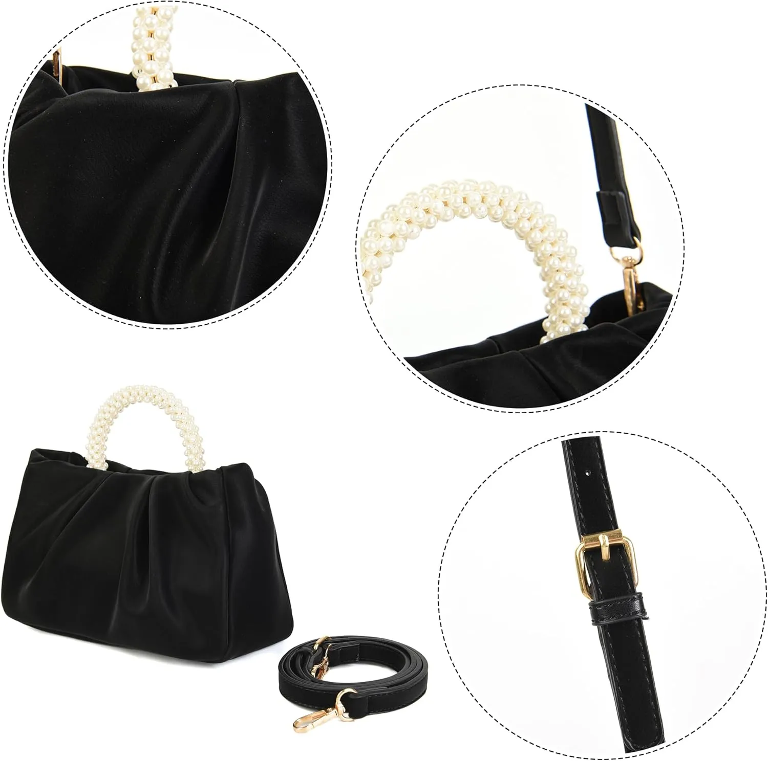 Valleycomfy Evening Clutch Pearl Purses for Women Ladies Soft Leather Ruched Crossbody Bags Shoulder Bag for Party Wedding
