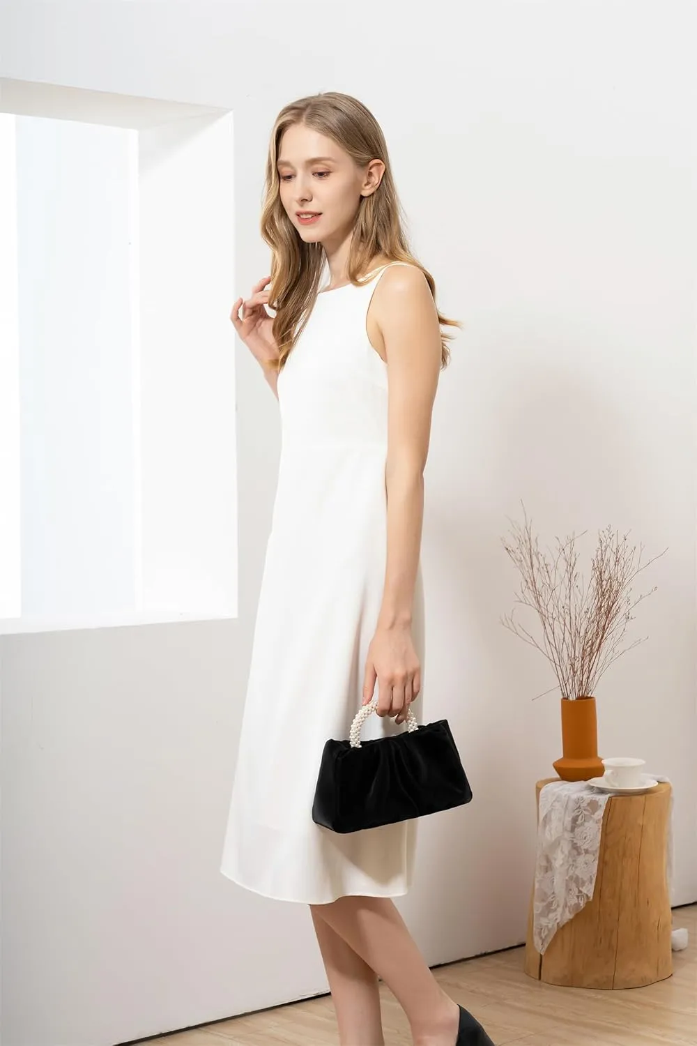 Valleycomfy Evening Clutch Pearl Purses for Women Ladies Soft Leather Ruched Crossbody Bags Shoulder Bag for Party Wedding
