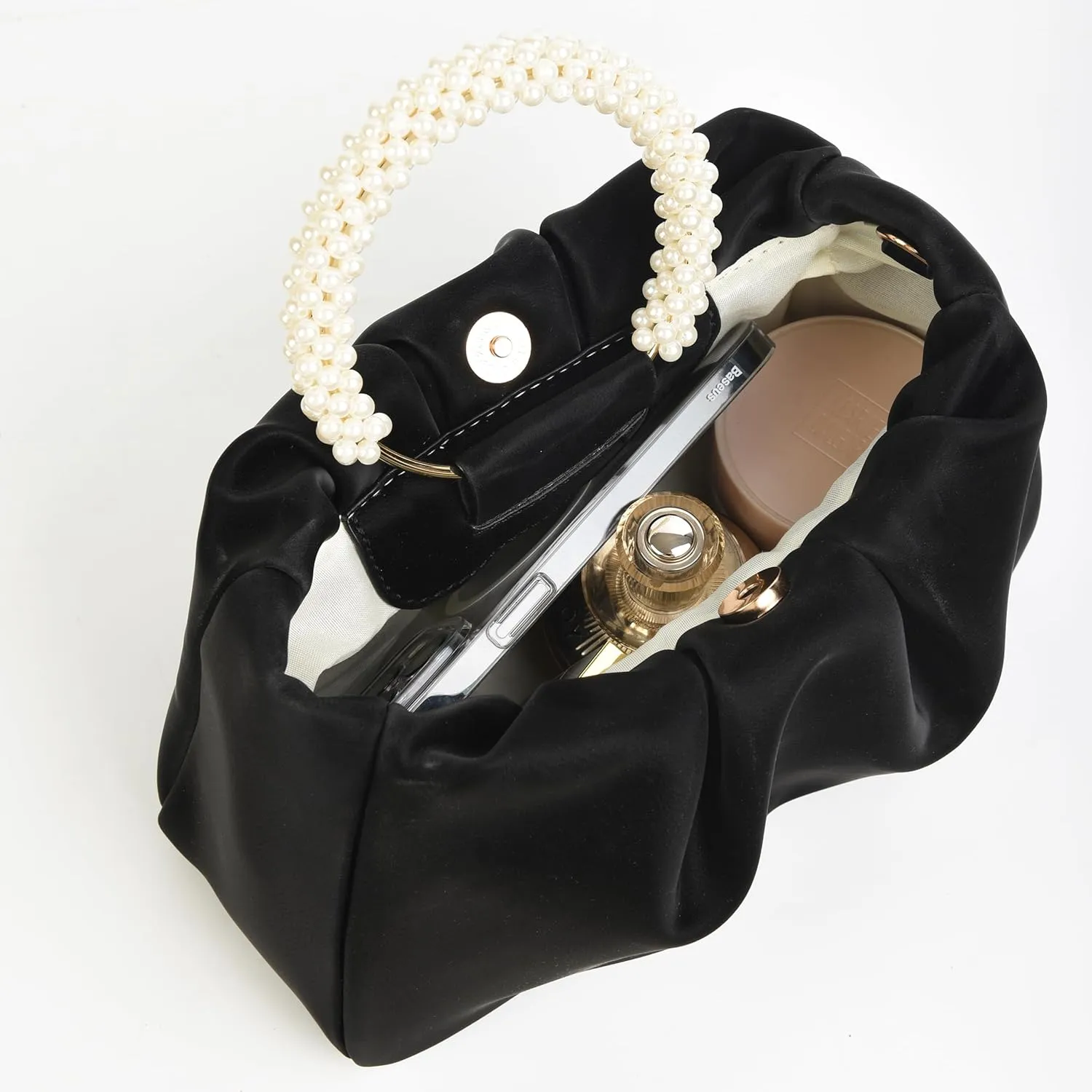 Valleycomfy Evening Clutch Pearl Purses for Women Ladies Soft Leather Ruched Crossbody Bags Shoulder Bag for Party Wedding