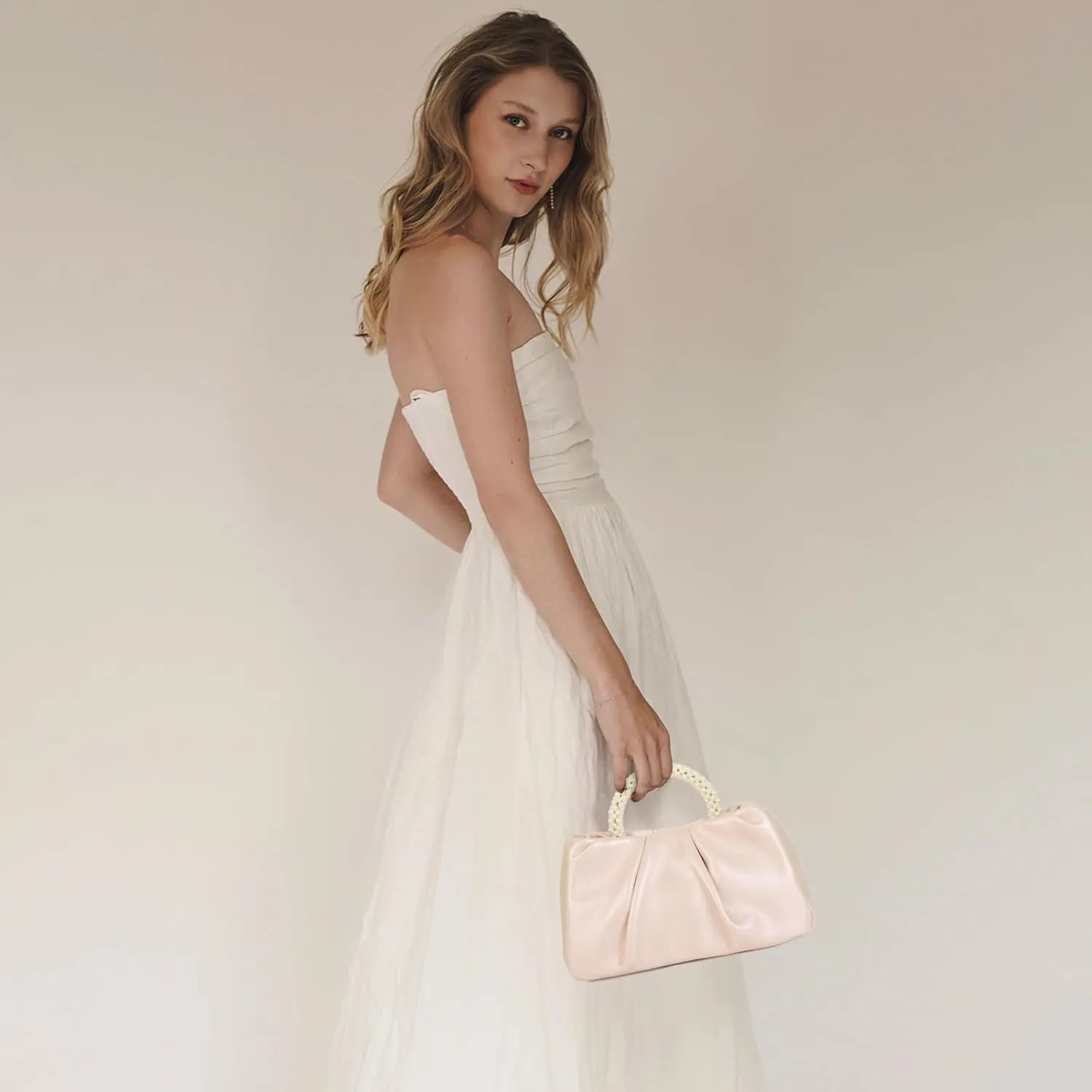 Valleycomfy Evening Clutch Pearl Purses for Women Ladies Soft Leather Ruched Crossbody Bags Shoulder Bag for Party Wedding