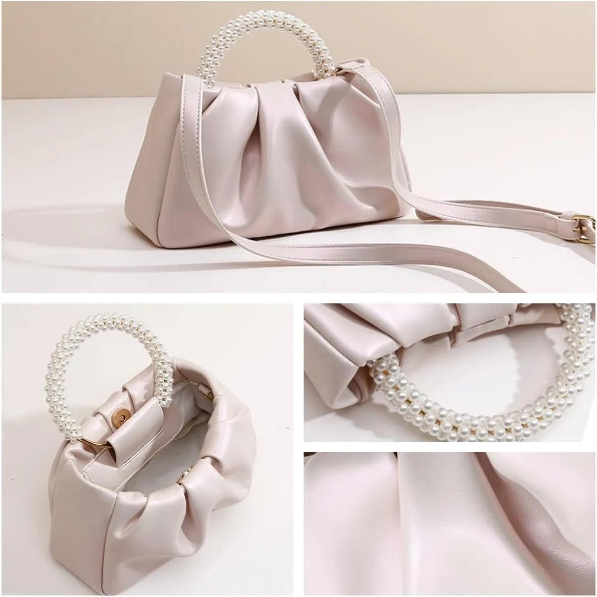 Valleycomfy Evening Clutch Pearl Purses for Women Ladies Soft Leather Ruched Crossbody Bags Shoulder Bag for Party Wedding