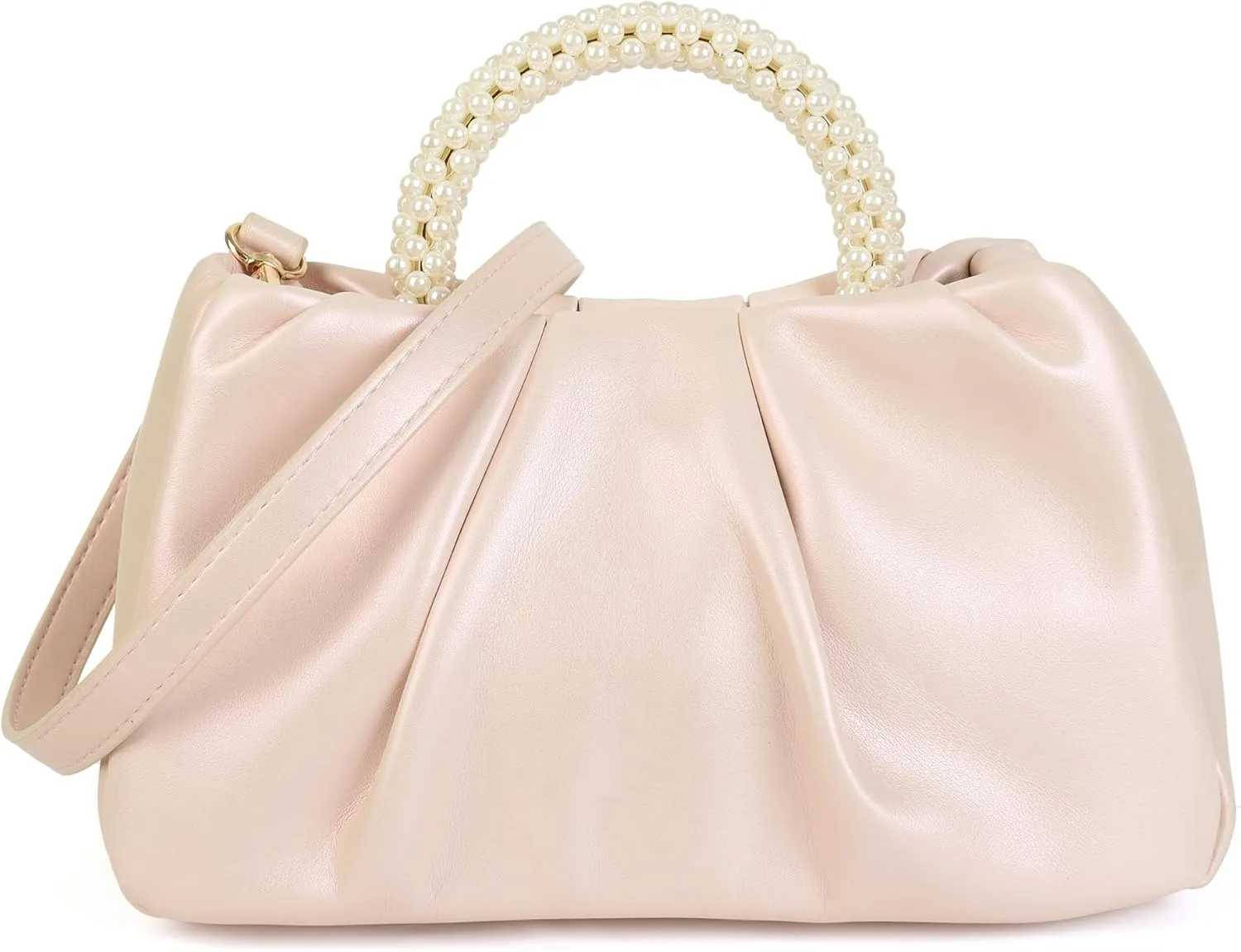 Valleycomfy Evening Clutch Pearl Purses for Women Ladies Soft Leather Ruched Crossbody Bags Shoulder Bag for Party Wedding