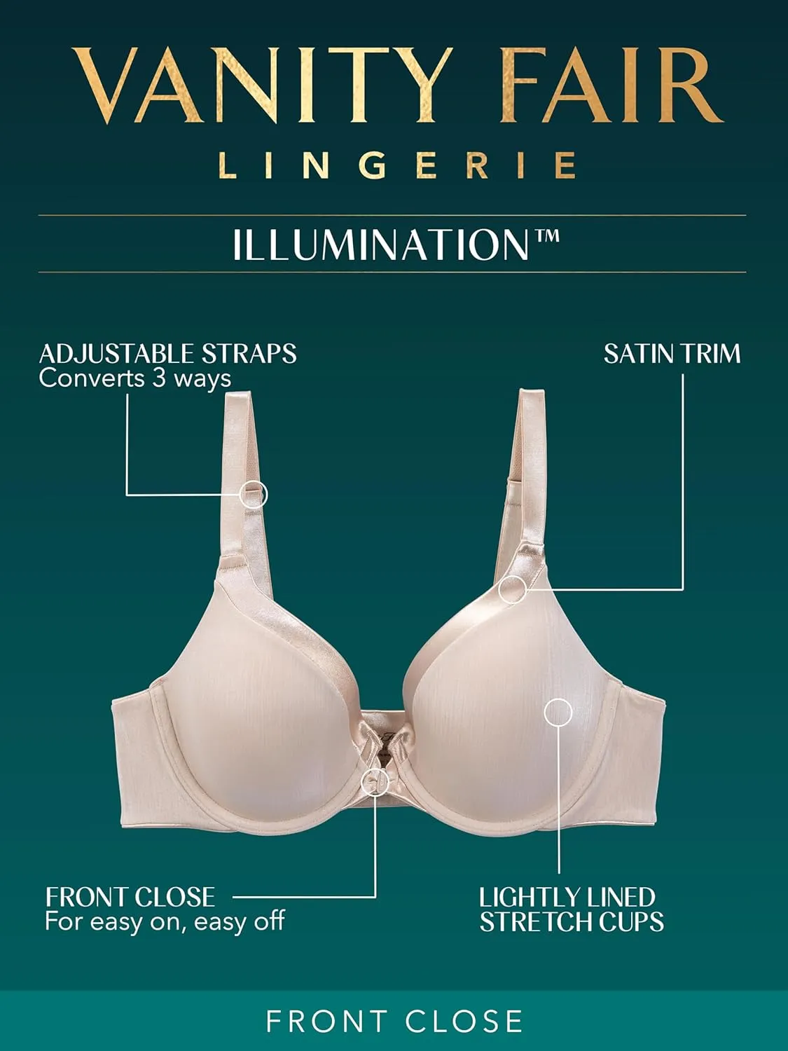 Vanity Fair Women's Illumination Front Closure Bra, 3-Way Convertible Straps, Lightly Lined Cups up to DD