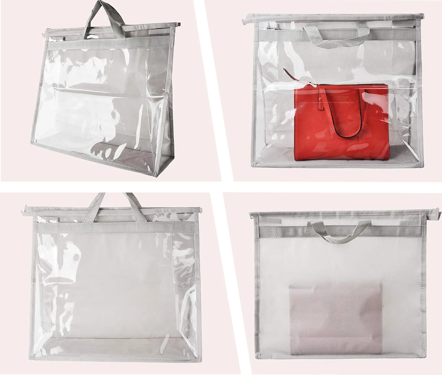 Vercord Clear PVC Handbag Dust-Free Cover Moistureproof Purse Storage Bag Organizer with Handle Zipper Space-Save Holder for Closet Grey XXL
