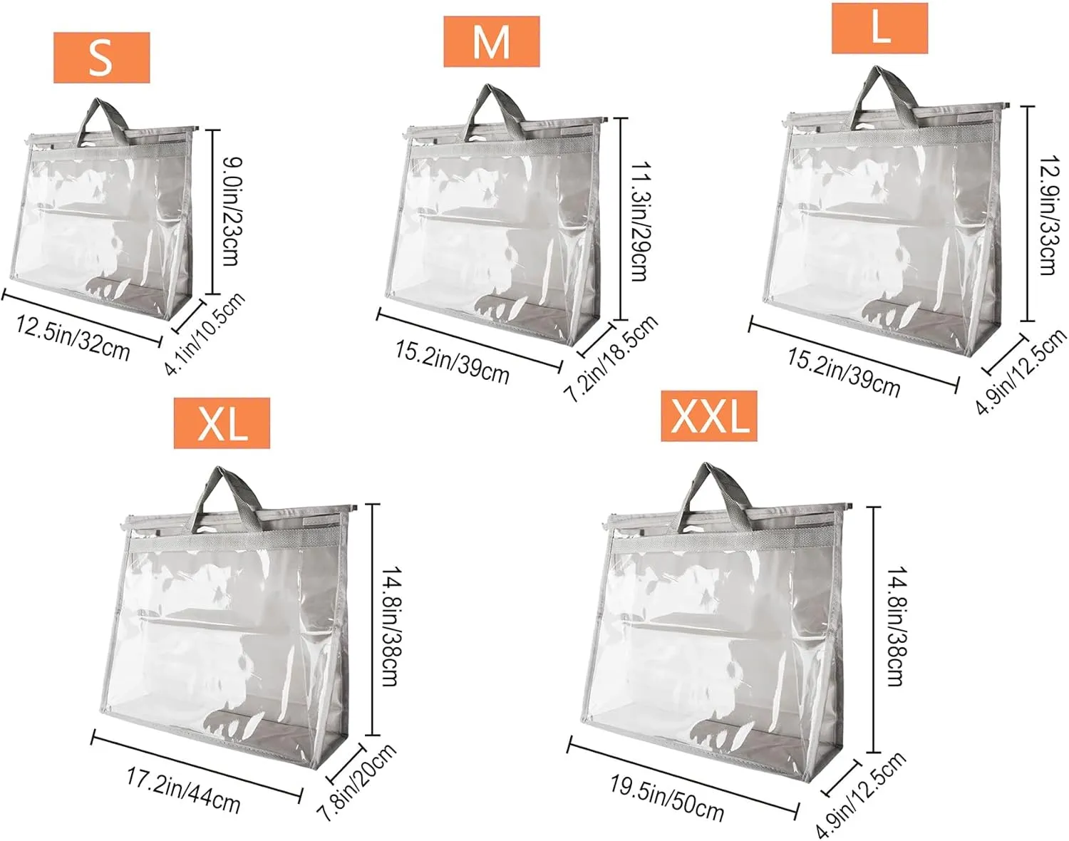 Vercord Clear PVC Handbag Dust-Free Cover Moistureproof Purse Storage Bag Organizer with Handle Zipper Space-Save Holder for Closet Grey XXL