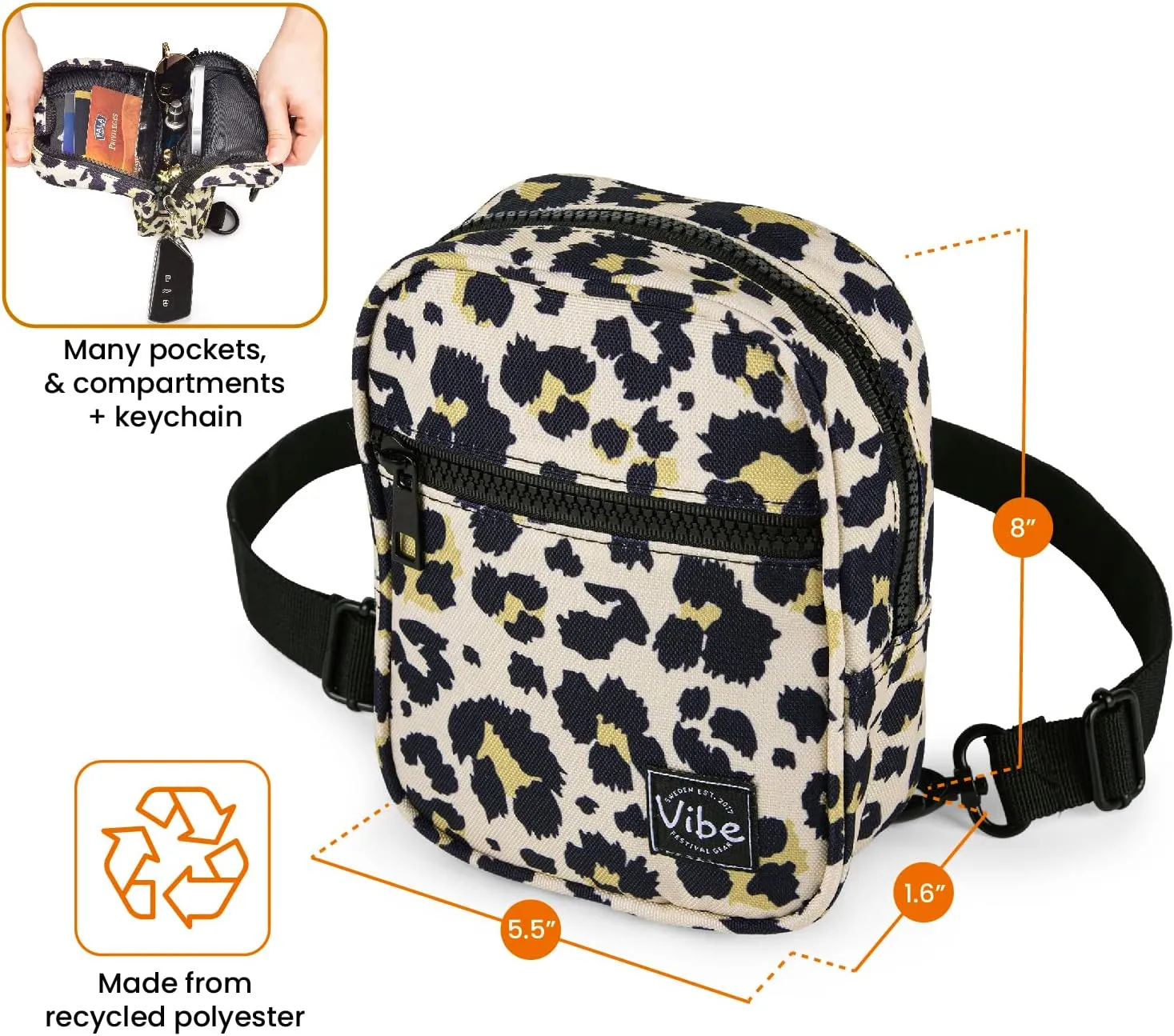 Vibe Festival Gear Small Crossbody Sling Bag for Women Men 5in1 Multi-Use from (rPET) Recycled Polyester Belt Bag Cross Body Backpack Fanny Pack Purse - Leopard