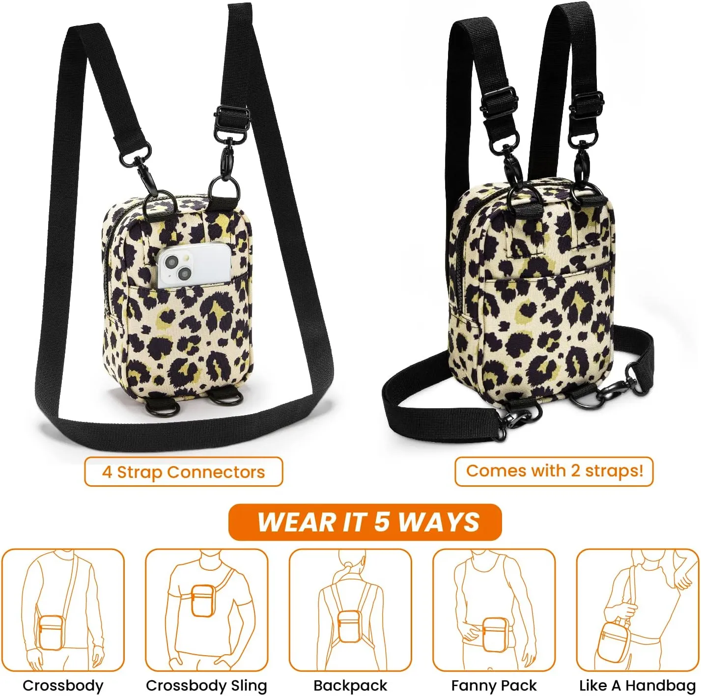 Vibe Festival Gear Small Crossbody Sling Bag for Women Men 5in1 Multi-Use from (rPET) Recycled Polyester Belt Bag Cross Body Backpack Fanny Pack Purse - Leopard