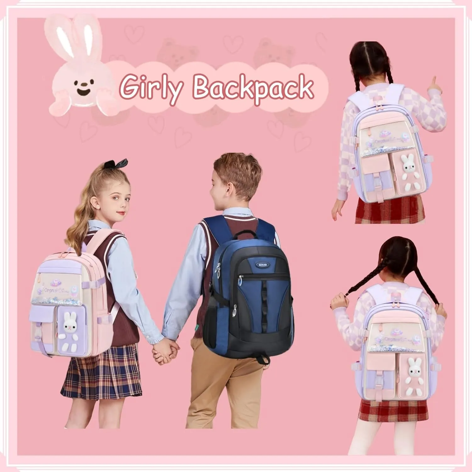 VIDOSCLA Bunny Girls Backpack for School Kawaii Kids Backpack Cute Sequin School Bag for Girls