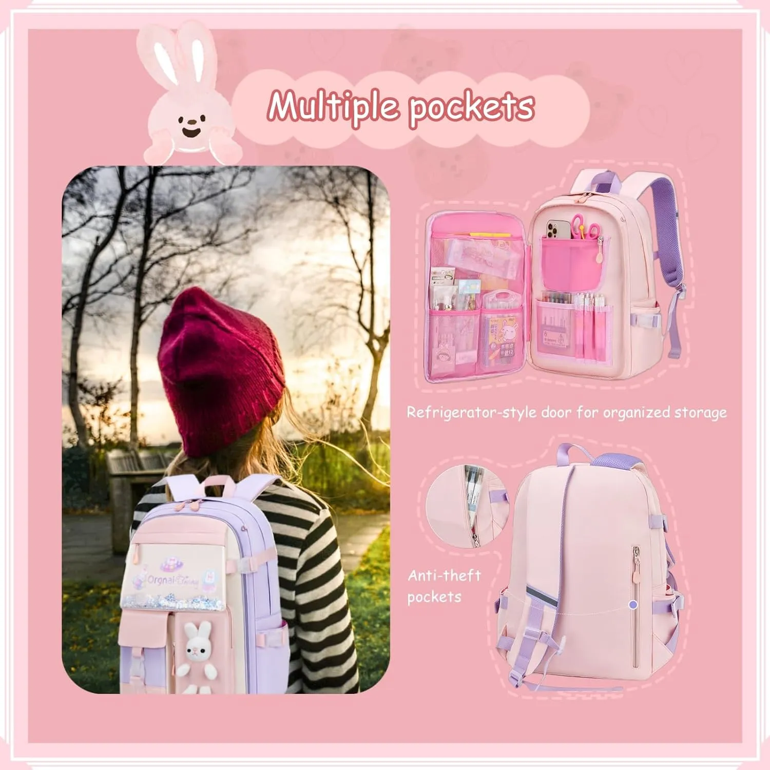VIDOSCLA Bunny Girls Backpack for School Kawaii Kids Backpack Cute Sequin School Bag for Girls