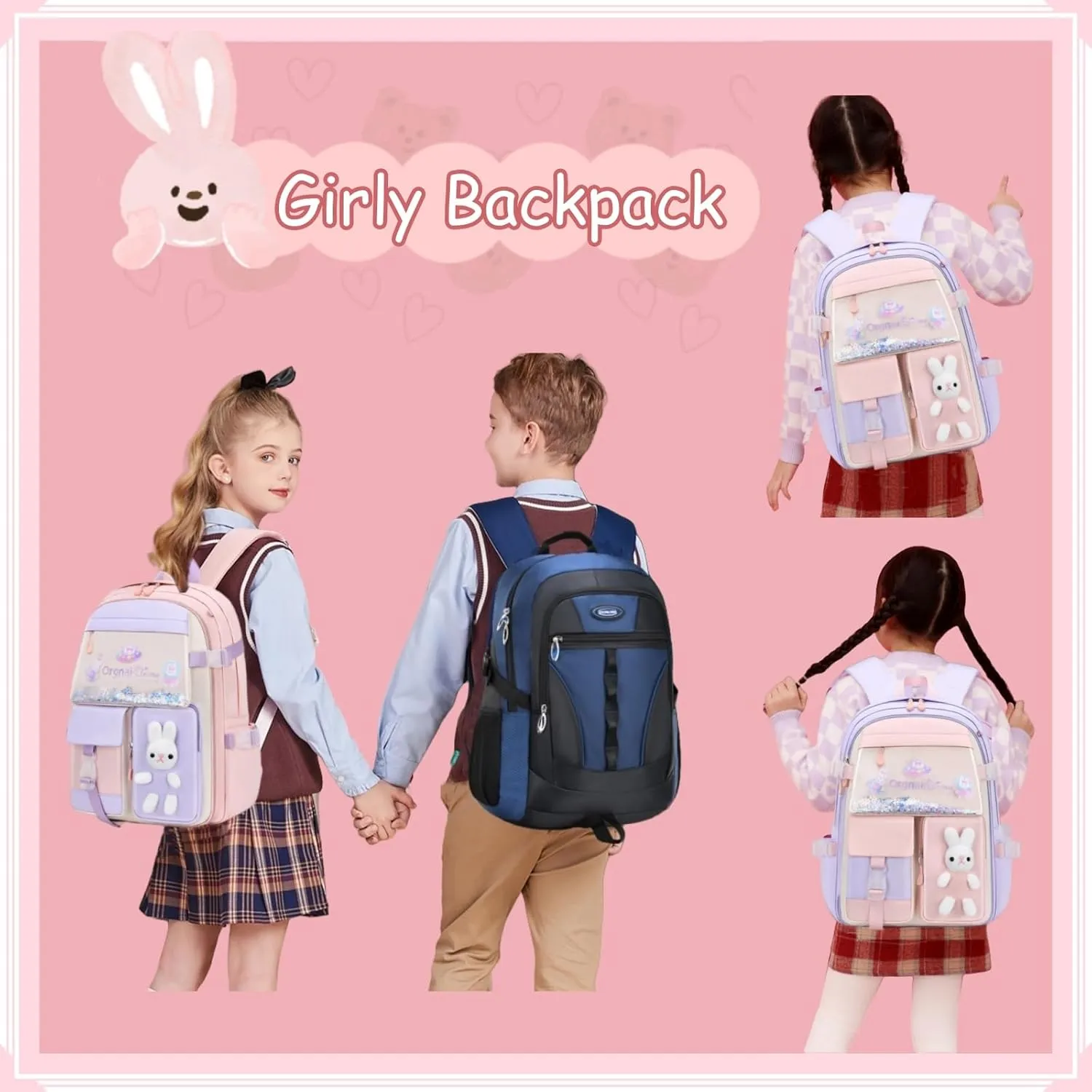 VIDOSCLA Bunny Girls Backpack for School Kawaii Kids Book bags Cute Sequin School Bag for Girls