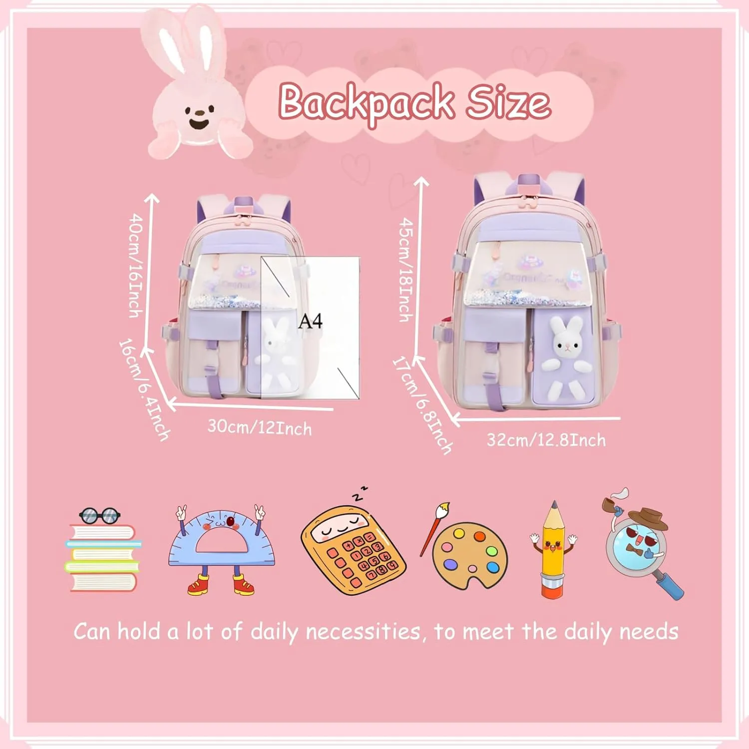 VIDOSCLA Bunny Girls Backpack for School Kawaii Kids Book bags Cute Sequin School Bag for Girls