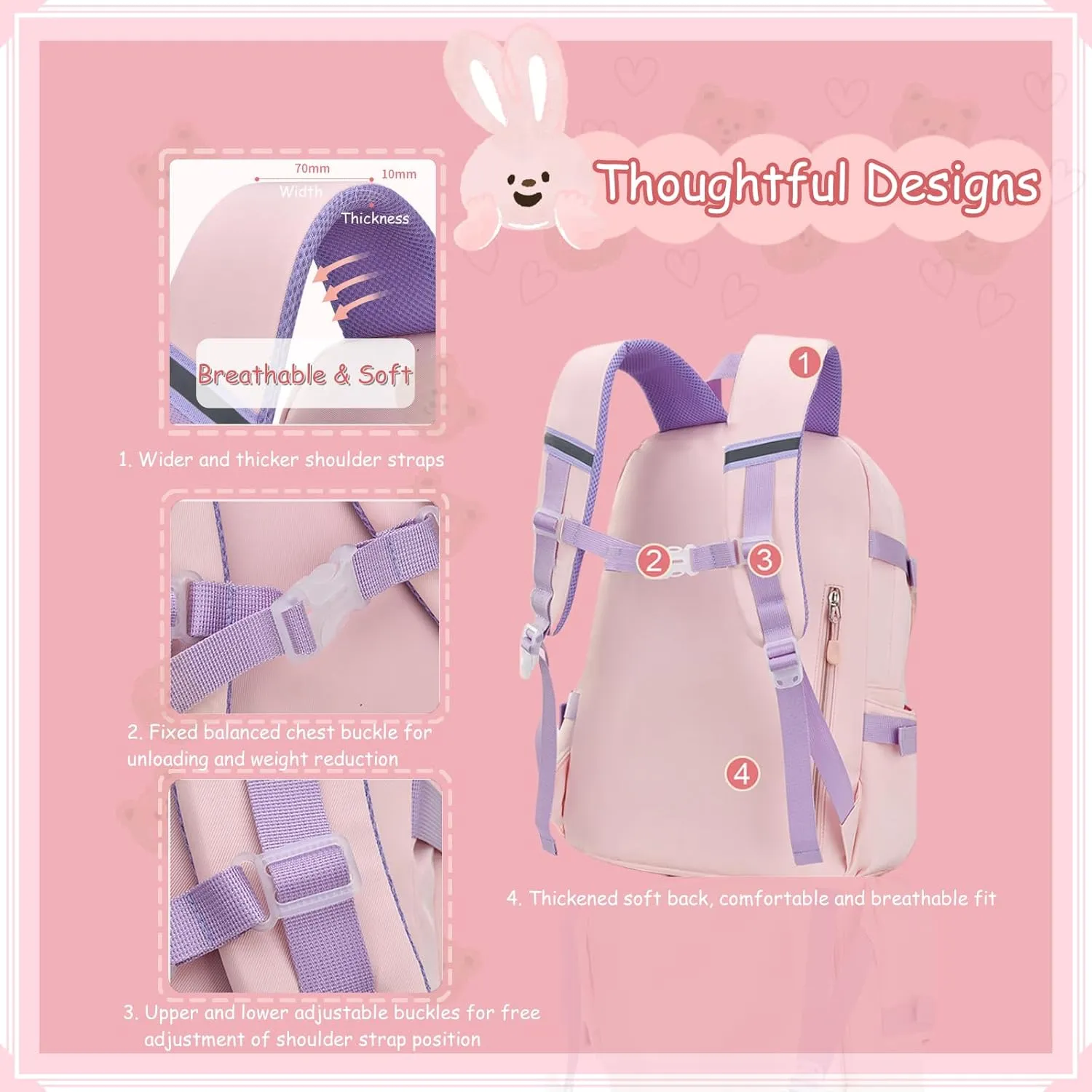VIDOSCLA Bunny Girls Backpack for School Kawaii Kids Book bags Cute Sequin School Bag for Girls