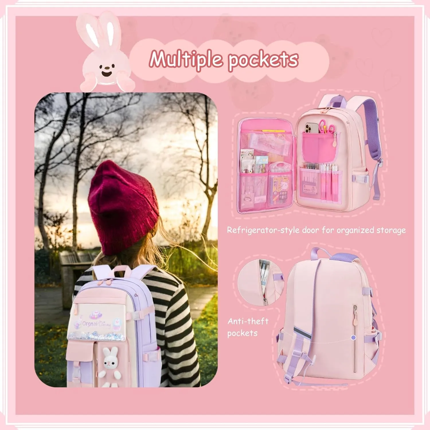 VIDOSCLA Bunny Girls Backpack for School Kawaii Kids Book bags Cute Sequin School Bag for Girls