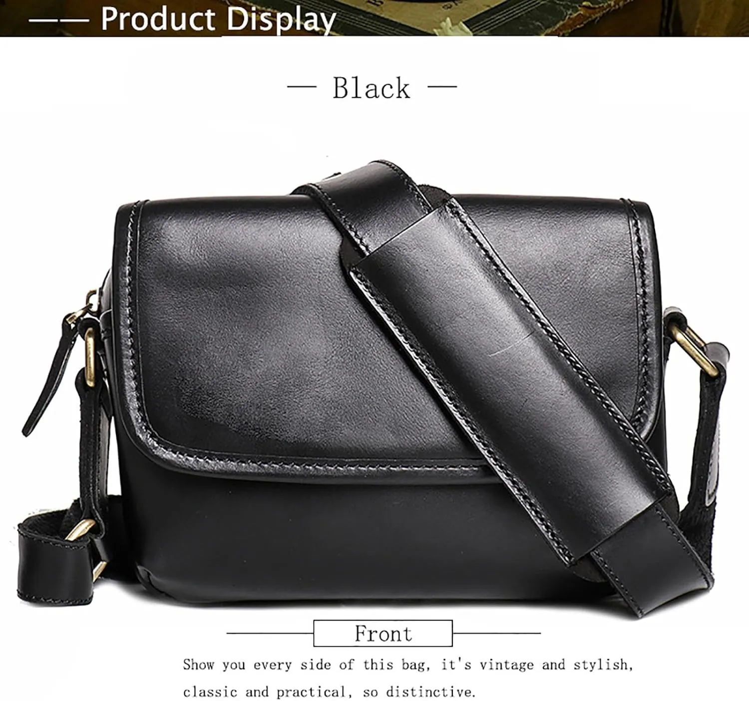 Vintage Genuine Leather Crossbody Bag with Zipper,Shoulder Bag Messenger Bag with Adjustable Strape for Men & Women