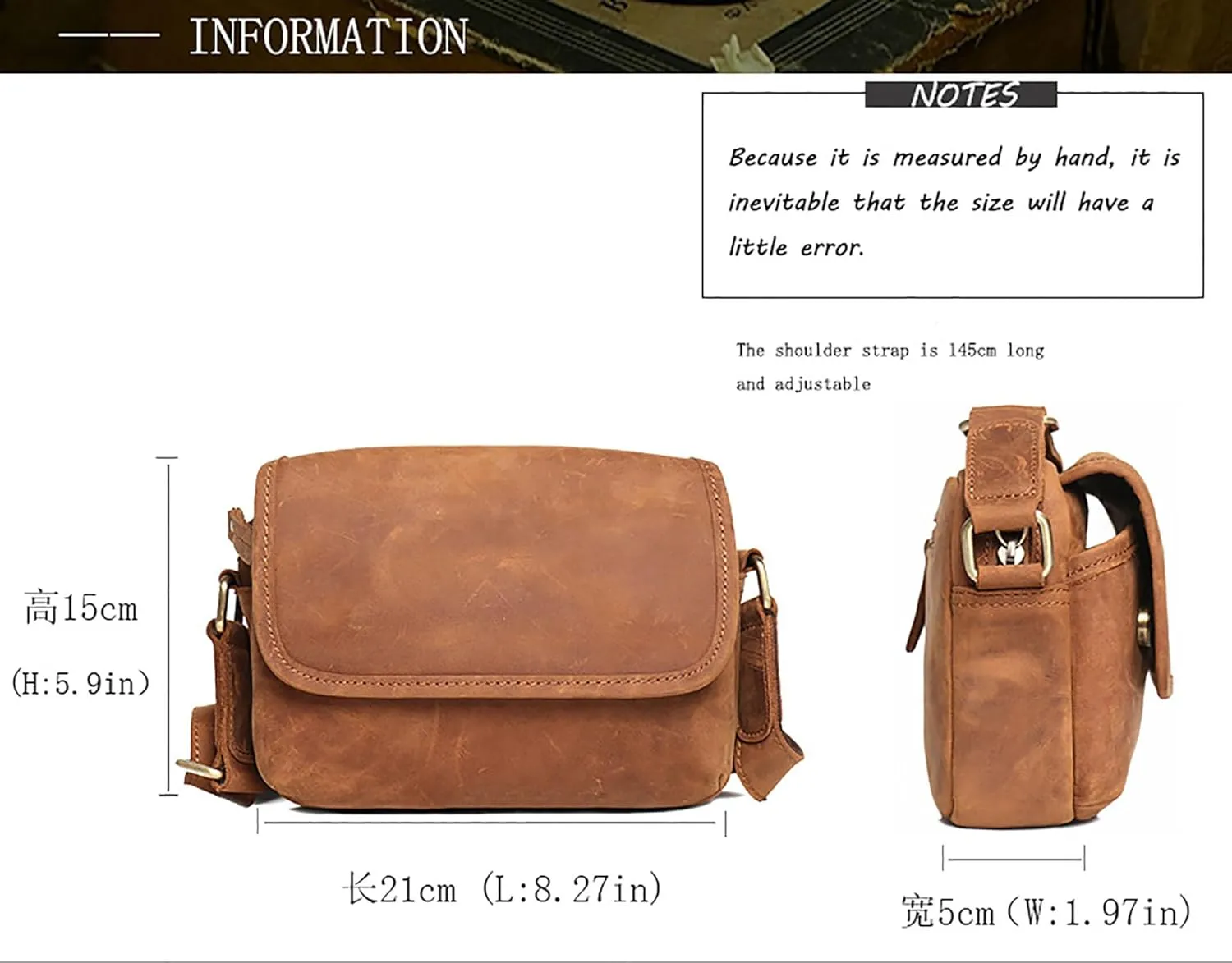 Vintage Genuine Leather Crossbody Bag with Zipper,Shoulder Bag Messenger Bag with Adjustable Strape for Men & Women