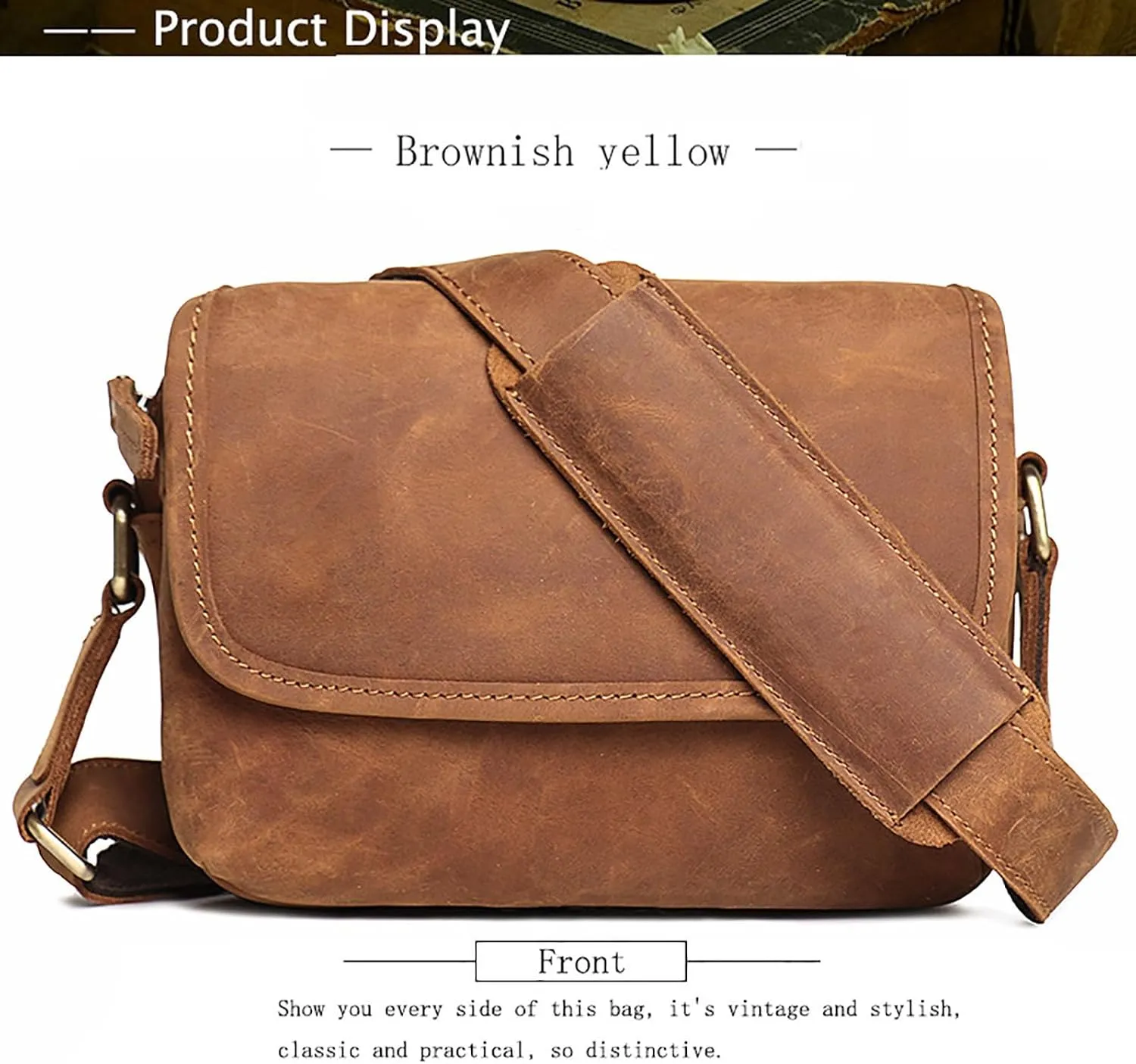 Vintage Genuine Leather Crossbody Bag with Zipper,Shoulder Bag Messenger Bag with Adjustable Strape for Men & Women