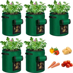 VIVOSUN 5-Pack 7 Gallon Potato Grow Bags for Growing Potatoes, Fabric Potato Pots with Handle and Roll-up Window, Potato Growing Containers Potato Planter Potato Planter for Growing Potatoes, Green