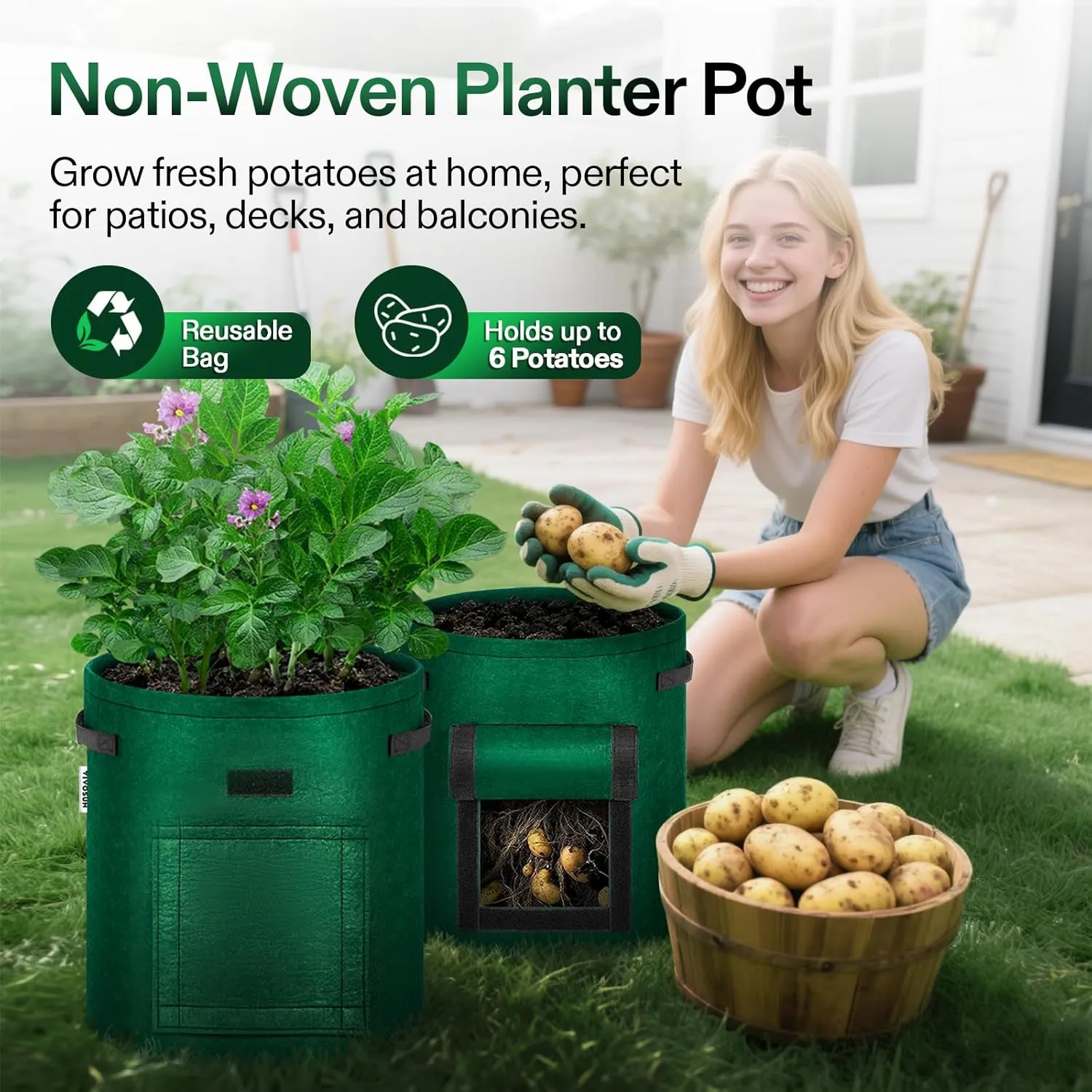 VIVOSUN 5-Pack 7 Gallon Potato Grow Bags for Growing Potatoes, Fabric Potato Pots with Handle and Roll-up Window, Potato Growing Containers Potato Planter Potato Planter for Growing Potatoes, Green