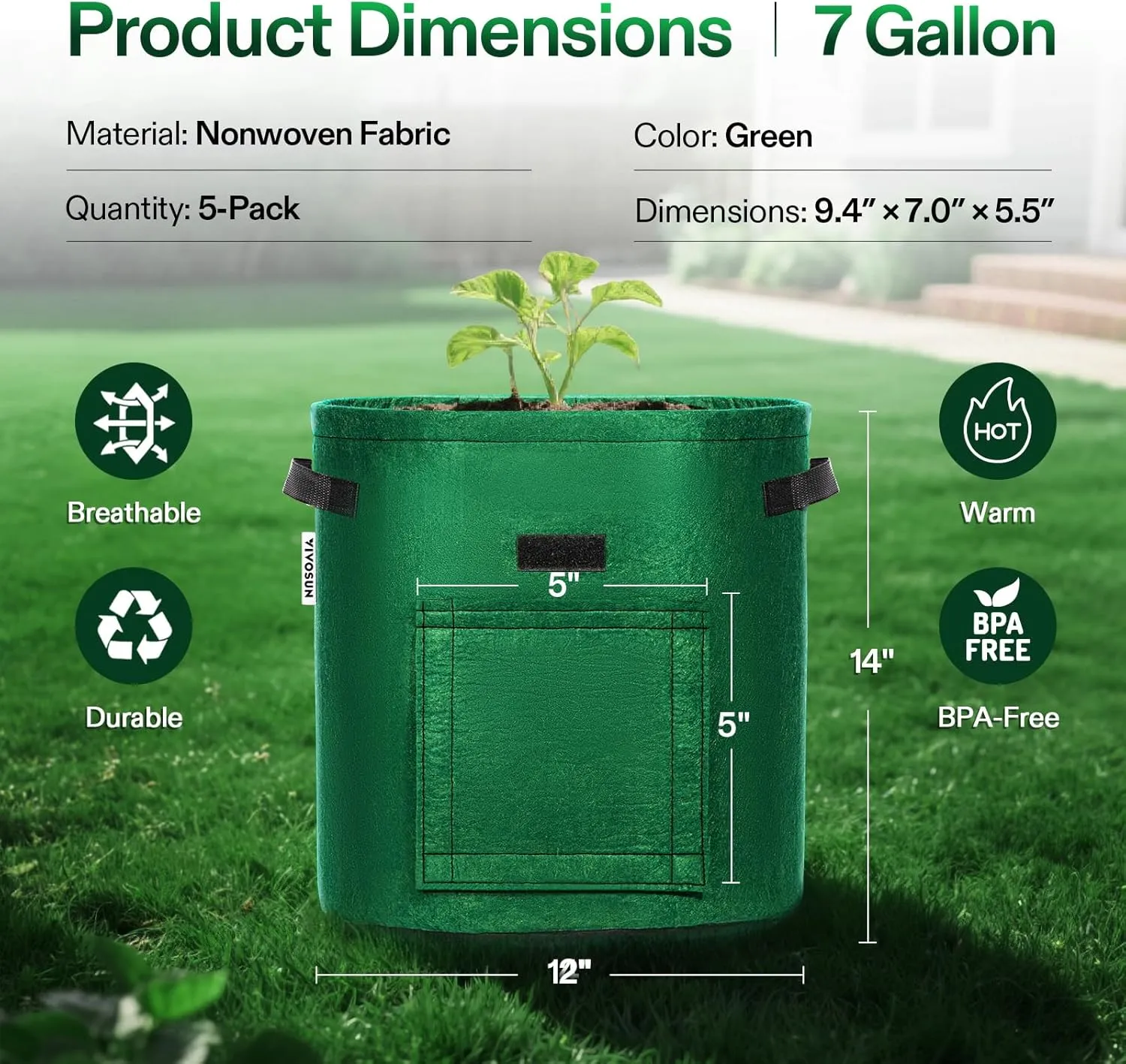 VIVOSUN 5-Pack 7 Gallon Potato Grow Bags for Growing Potatoes, Fabric Potato Pots with Handle and Roll-up Window, Potato Growing Containers Potato Planter Potato Planter for Growing Potatoes, Green