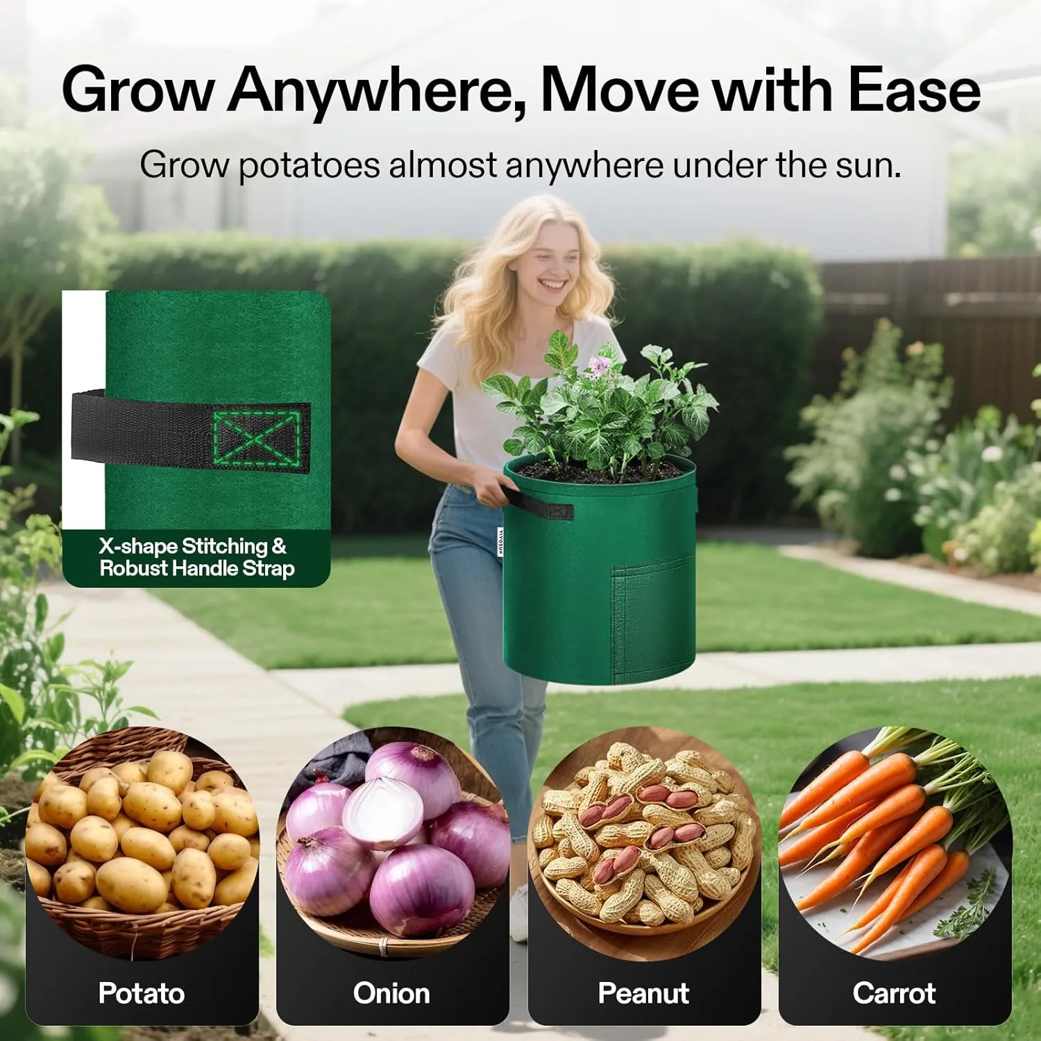 VIVOSUN 5-Pack 7 Gallon Potato Grow Bags for Growing Potatoes, Fabric Potato Pots with Handle and Roll-up Window, Potato Growing Containers Potato Planter Potato Planter for Growing Potatoes, Green