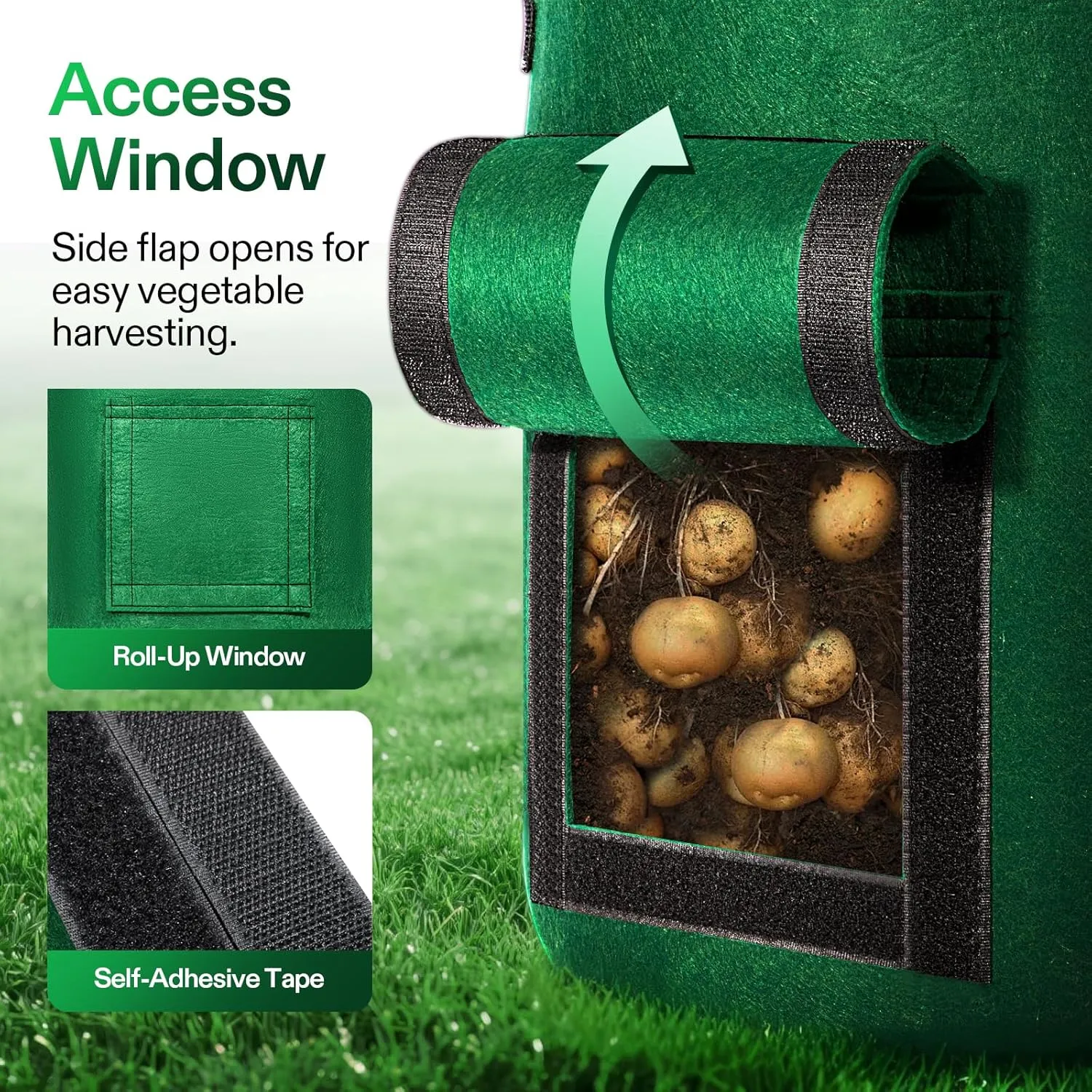 VIVOSUN 5-Pack 7 Gallon Potato Grow Bags for Growing Potatoes, Fabric Potato Pots with Handle and Roll-up Window, Potato Growing Containers Potato Planter Potato Planter for Growing Potatoes, Green