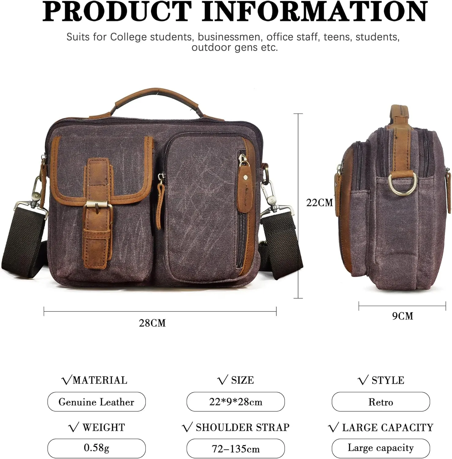 Water Resistant Canvas   Genuine Leather Travel Tote Messenger Cross-body One Shoulder Bag For Men FB202