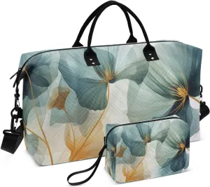 Watercolor Blue Golden Flowers Travel Duffel Bag with Toiletry Bag Weekender Bag for Carry on Sports Gym Bag for Overnight Weekend