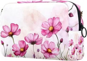 Watercolor Pink Cosmos Flowers Pattern Small Makeup Bag for Purse, Portable Cosmetic Bag Zipper Makeup Pouch for Women, Stationery, Toiletries, Travel Accessories