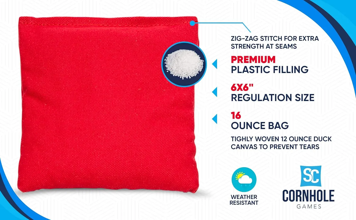 Weather Resistant Cornhole Bags (Set of 8) - Professional Regulation Size/Weight (16 oz) - Use on Pro Corn Hole Boards or Bean Bag Toss Sets