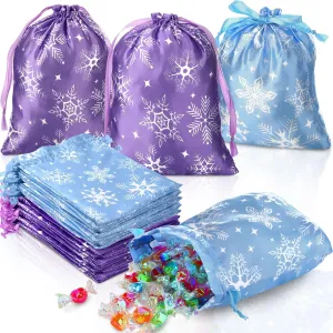 Wesnoy 24 Pcs Winter Snowflake Gift Bags Snowflake Party Goodie Treat Candy Drawstring Satin Bags for Xmas Winter Party, 7 x 9 Inch