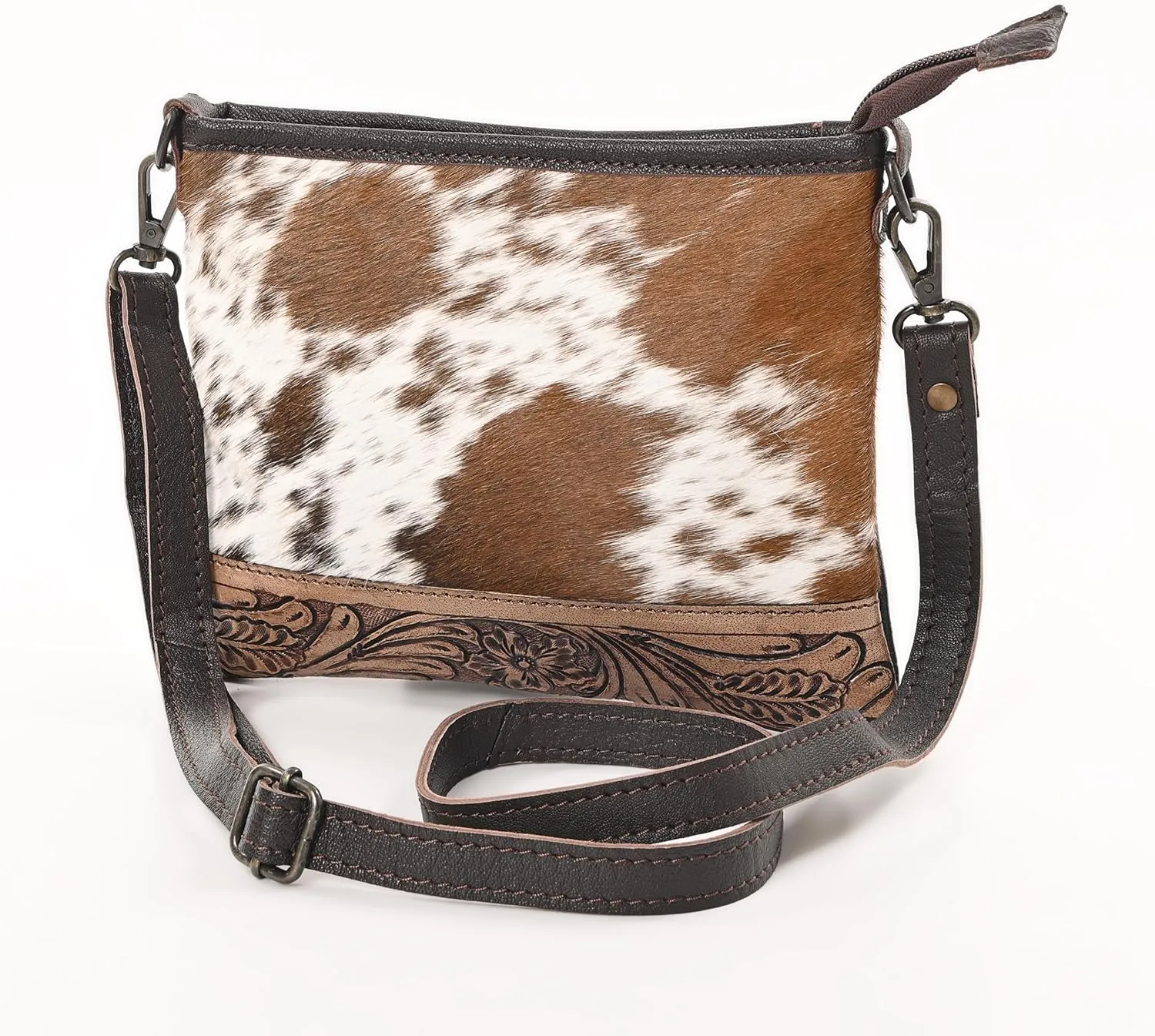 Western Cowhide Tooled Leather Small Crossbody Bag Cowgirl Fashion Purse with Adjustable Detachable Shoulder Strap