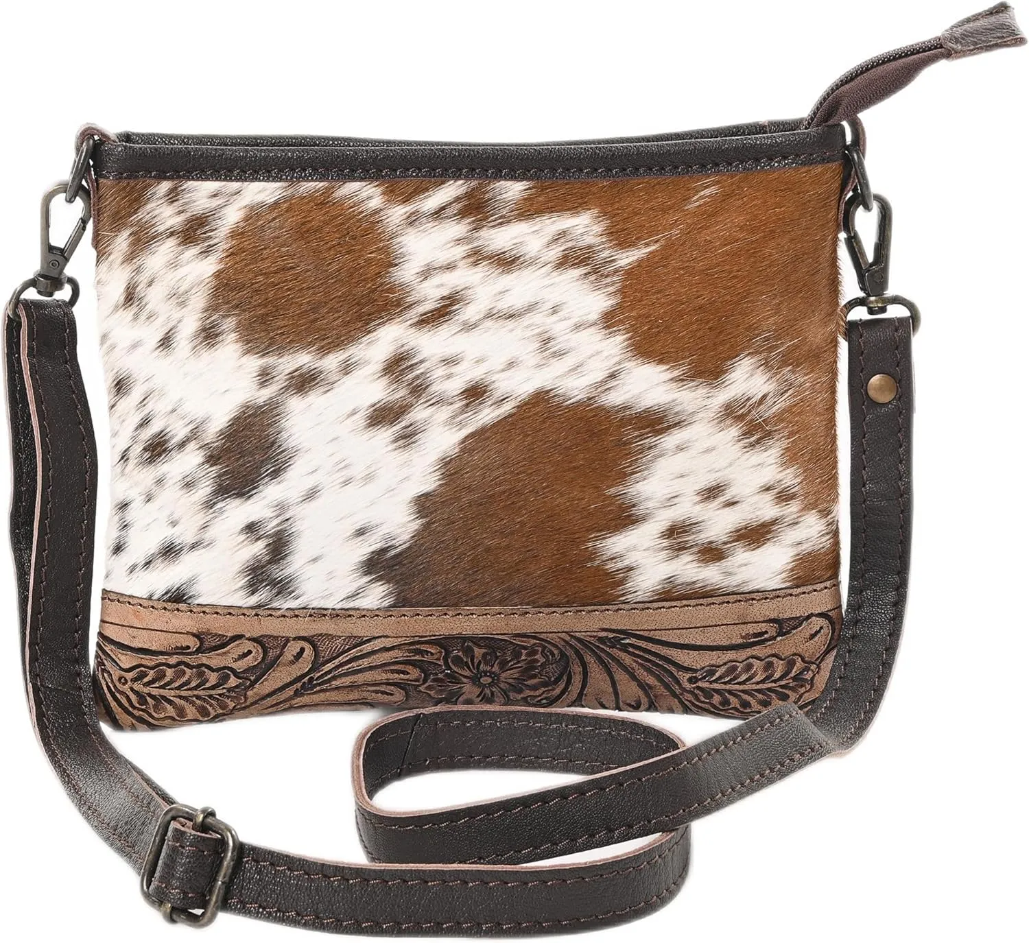 Western Cowhide Tooled Leather Small Crossbody Bag Cowgirl Fashion Purse with Adjustable Detachable Shoulder Strap