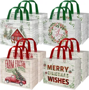Whaline Christmas Non-Woven Bags 8 Pack Rustic Wood Grain Truck Tree Pattern Reusable Gift Goodie Bag Merry Christmas Shopping Totes with Handles for Xmas Holiday Party Favor Supplies, 4 Designs