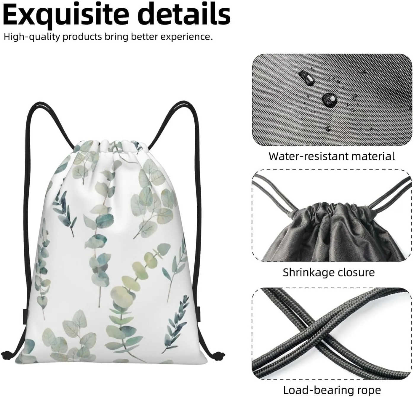 White Natural Greenery Twig Print Drawstring Bags,Gym Sport Sack Drawstring Bag Suitable for sport Swimming Travel.